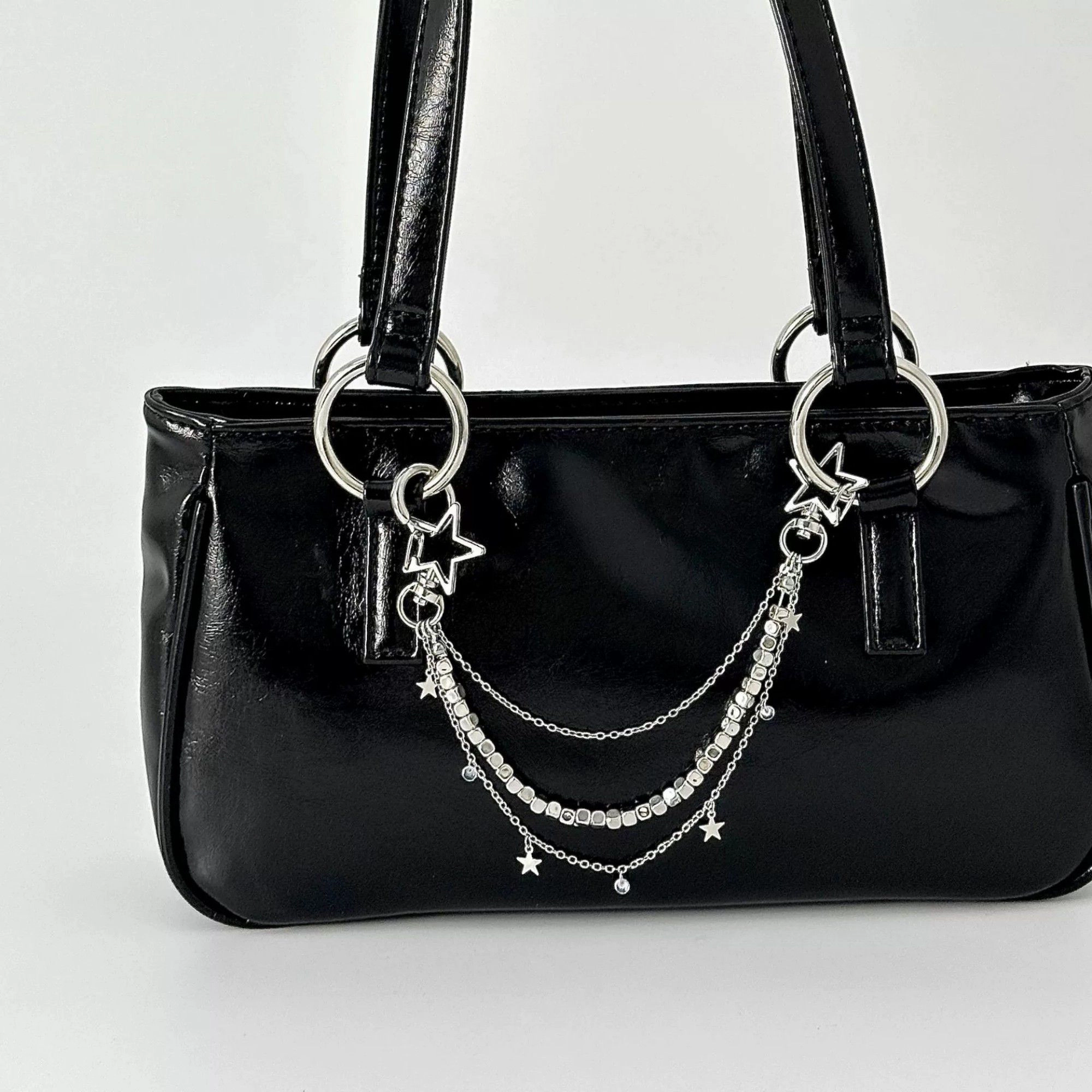 Alilang Women's Star Chain Bag Charm with Layered Silver Tone Chains Dual Clips for Jeans Bags and Keys