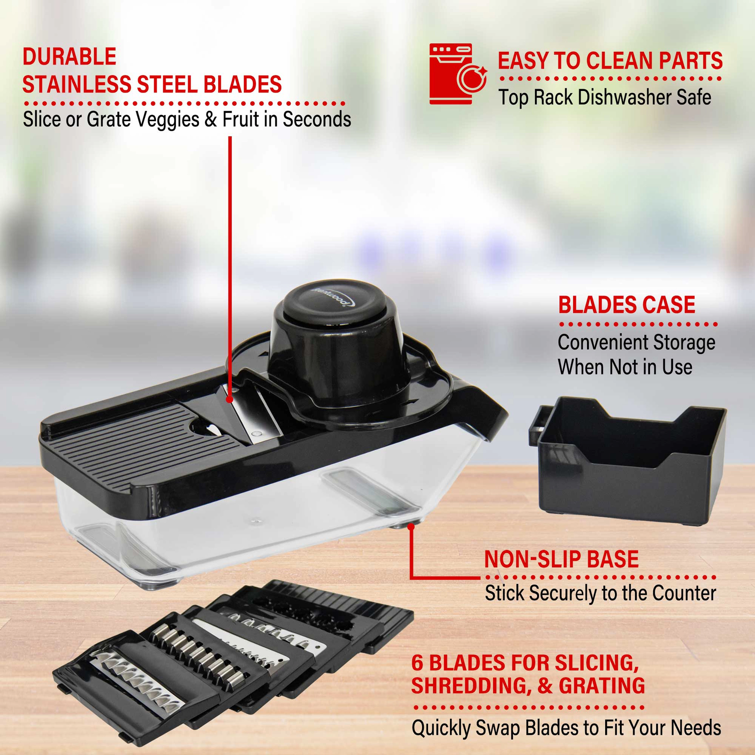 Brentwood 3.6 Cup Mandolin Slicer and Cheese Grater in Black with 6 Interchangeable Blades