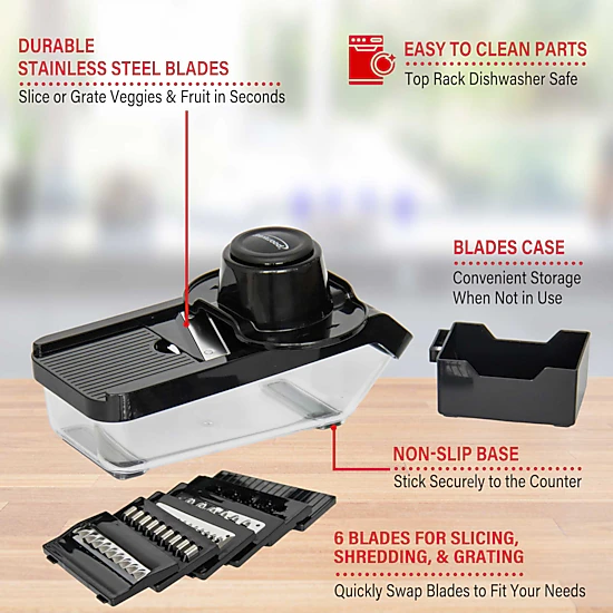 Brentwood 3.6 Cup Mandolin Slicer and Cheese Grater in Black with 6 Interchangeable Blades