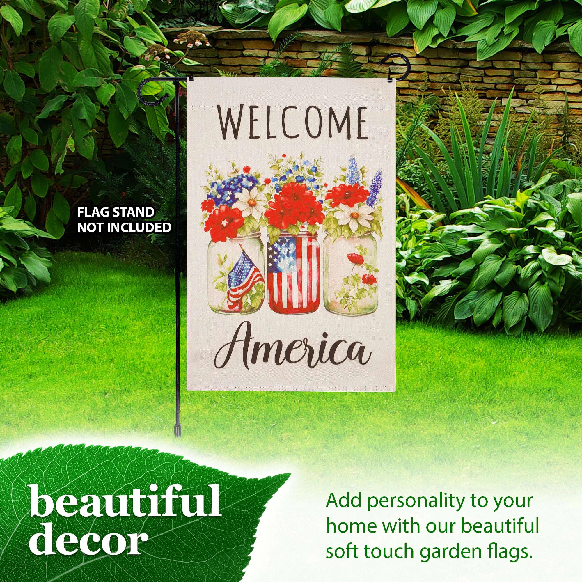 G128 Welcome America Mason Jars Garden Flag 12x18 in double-sided patriotic yard decoration