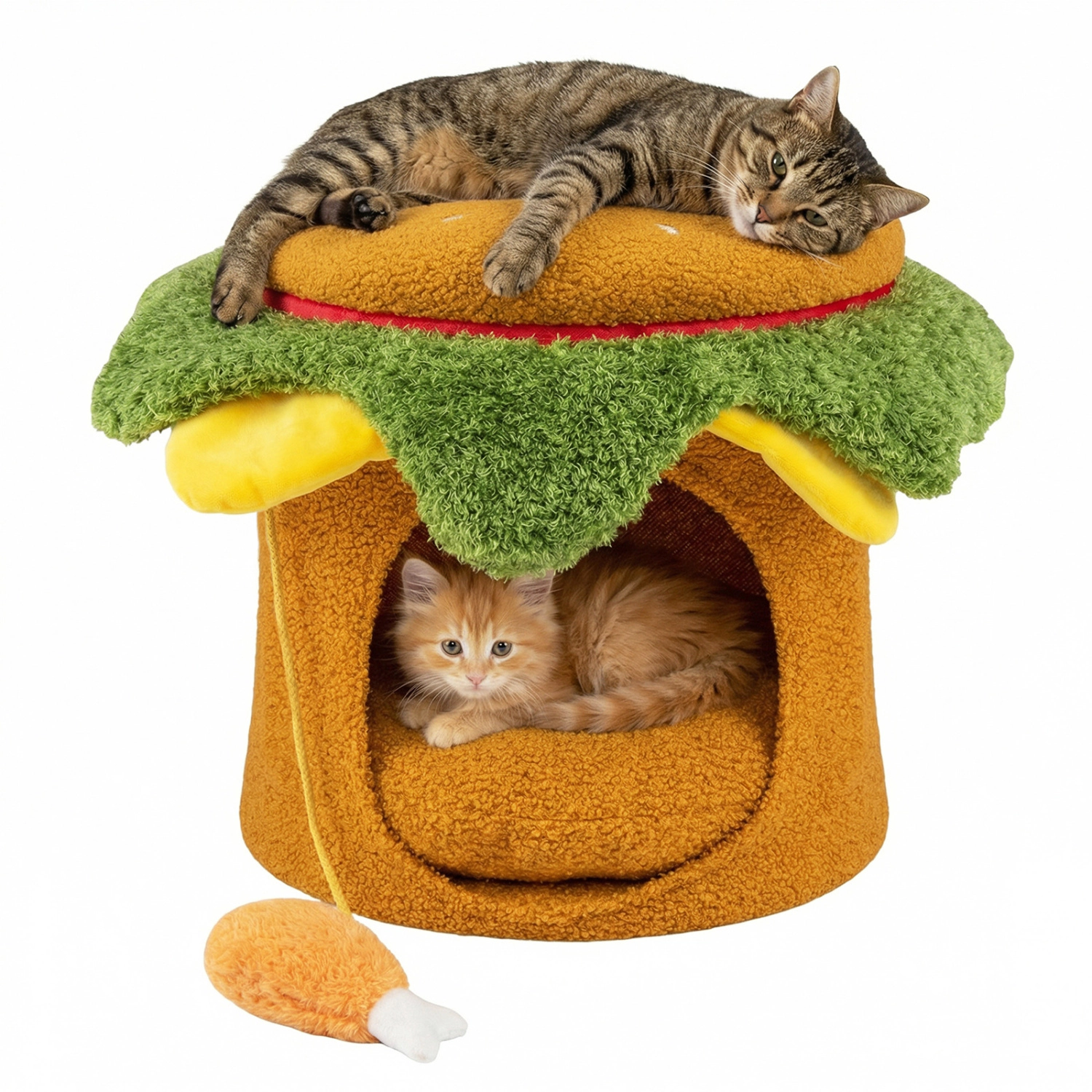 SUGIFT Hamburger Cat Nest Pet House with Chicken Drumstick Toy and Removable Cushion 155-lb Capacity Indoor Stool Yellow