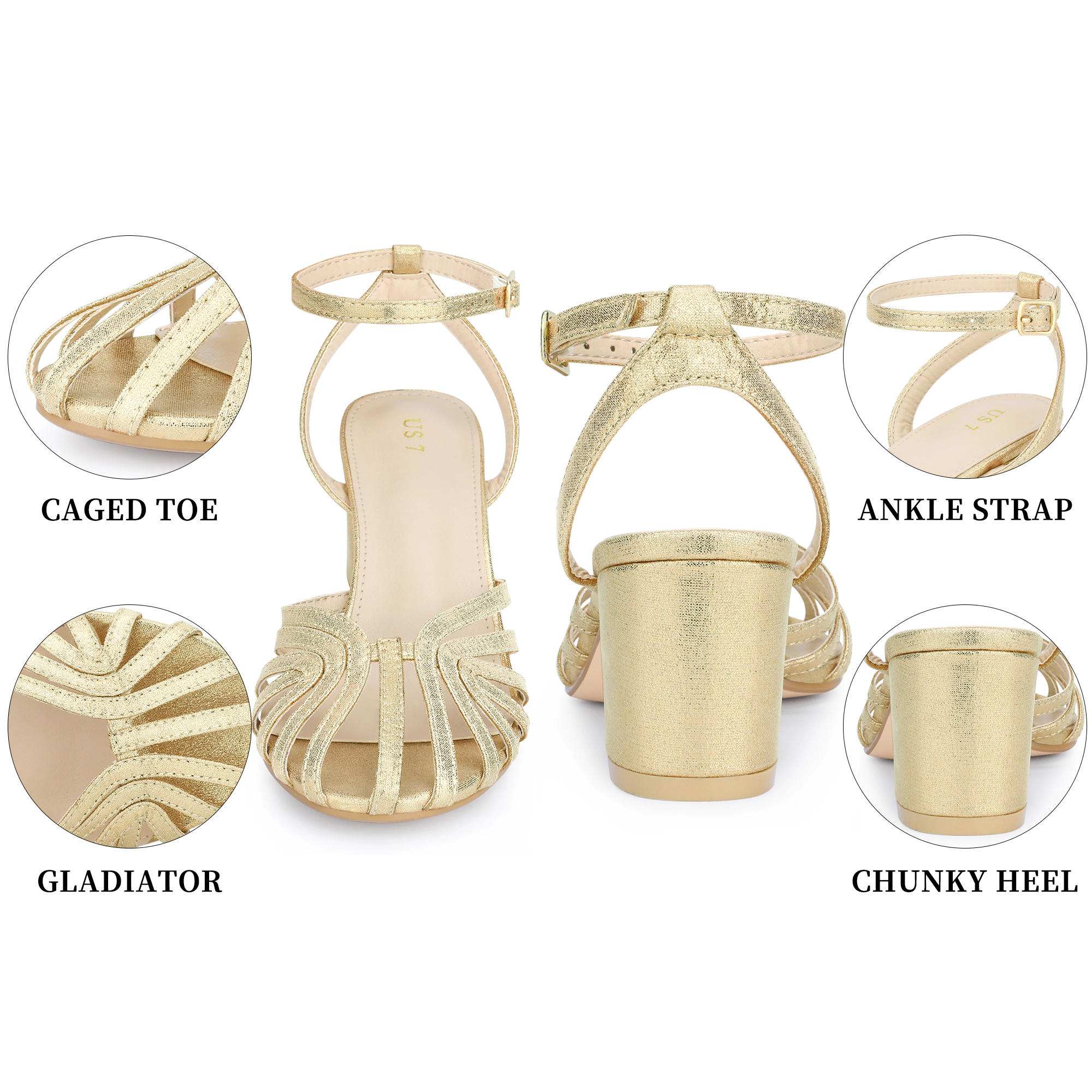 BLISSFUL STEP Women's Metallic Sparkly Strappy Slingback Block Heel Sandals