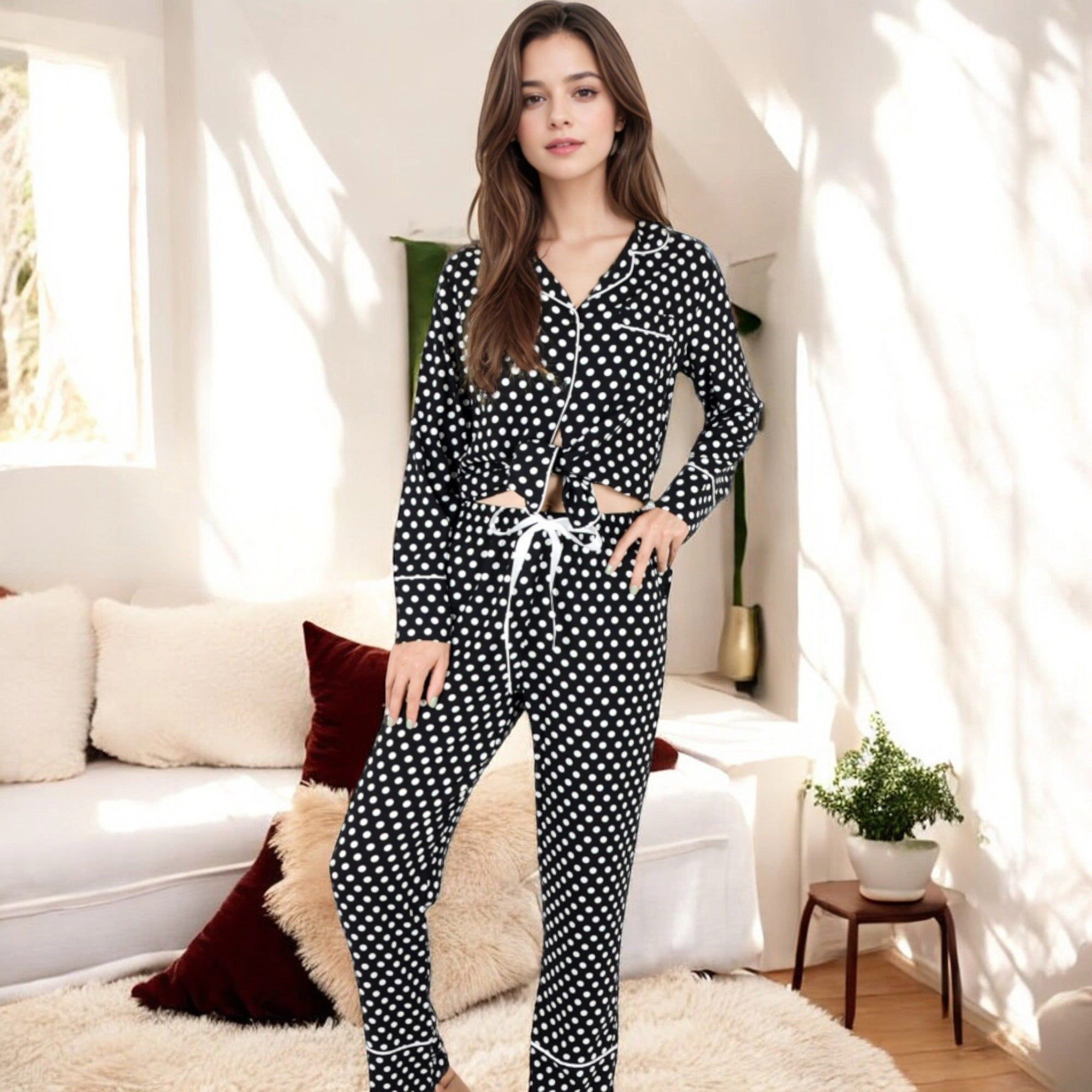 Anna-Kaci Women's Polka Dot Long Sleeve Pajama Set with Button Up Top and Drawstring Pants