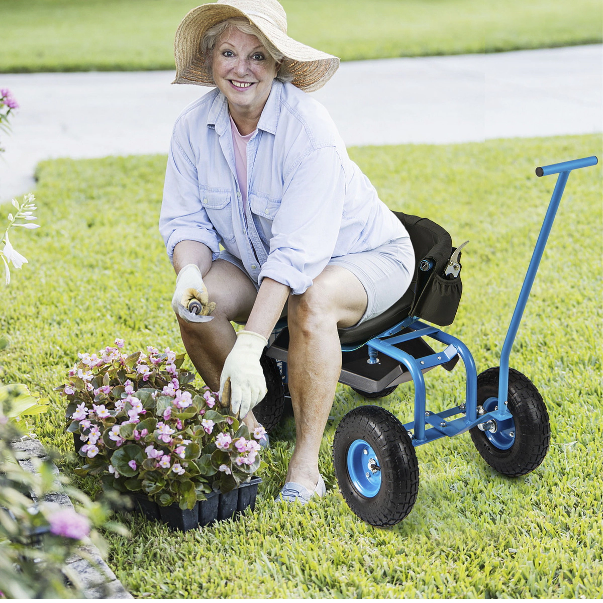 SUGIFT Rolling Garden Cart with Height Adjustable Swivel Seat and Storage Basket 330-lb Capacity Blue