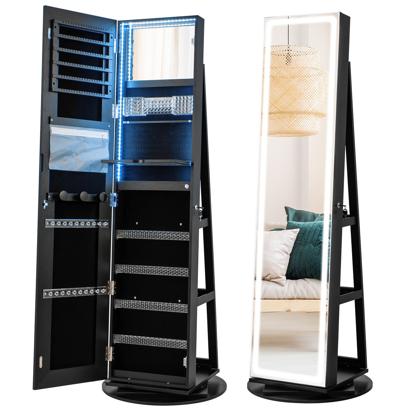SUGIFT Black Standing Jewelry Cabinet with LED Full-Length Mirror Adjustable Brightness and 3 Color Modes