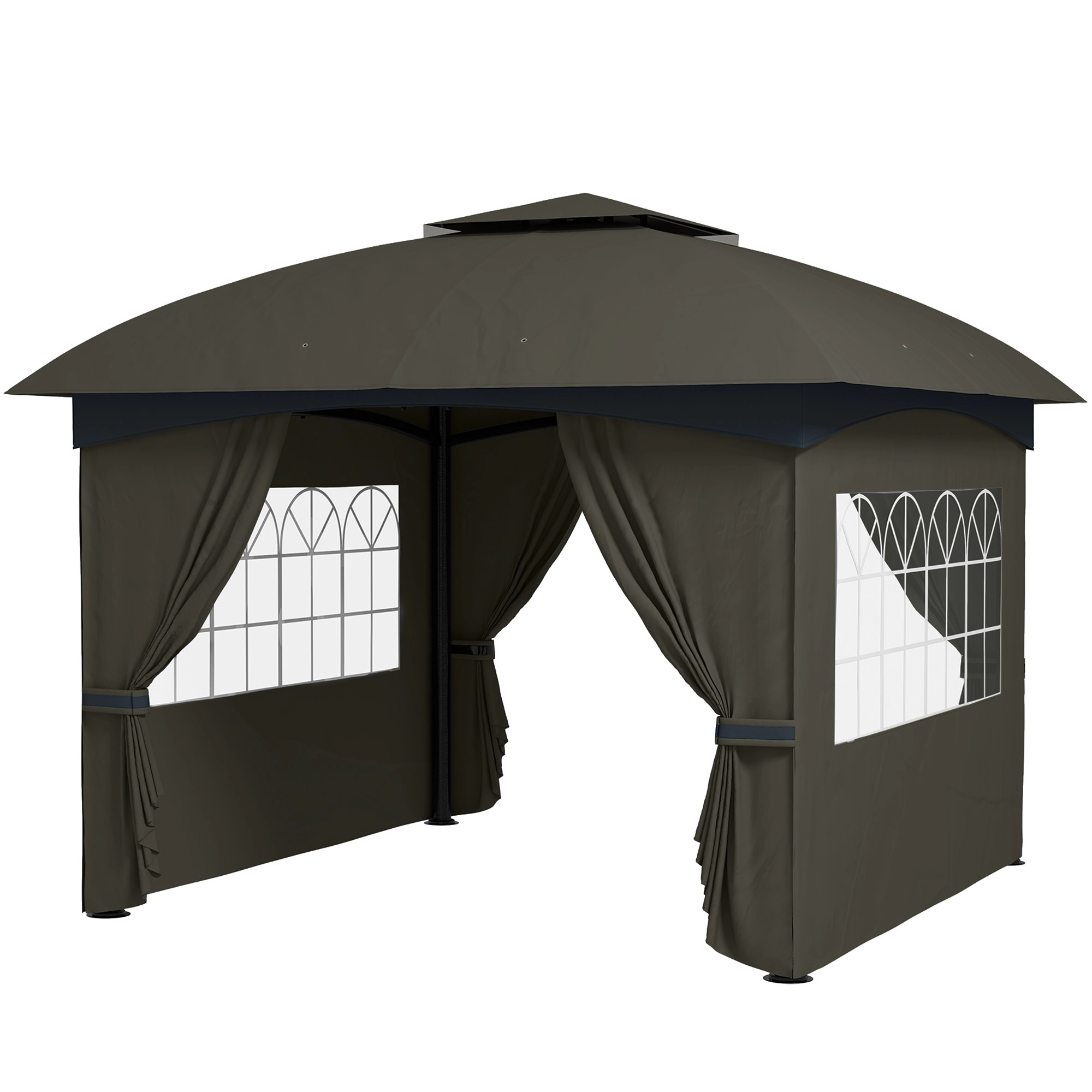 HONGGE 11' Outdoor Gazebo Double Roof Patio with Curtains Church Windows Galvanized Steel Frame Gray