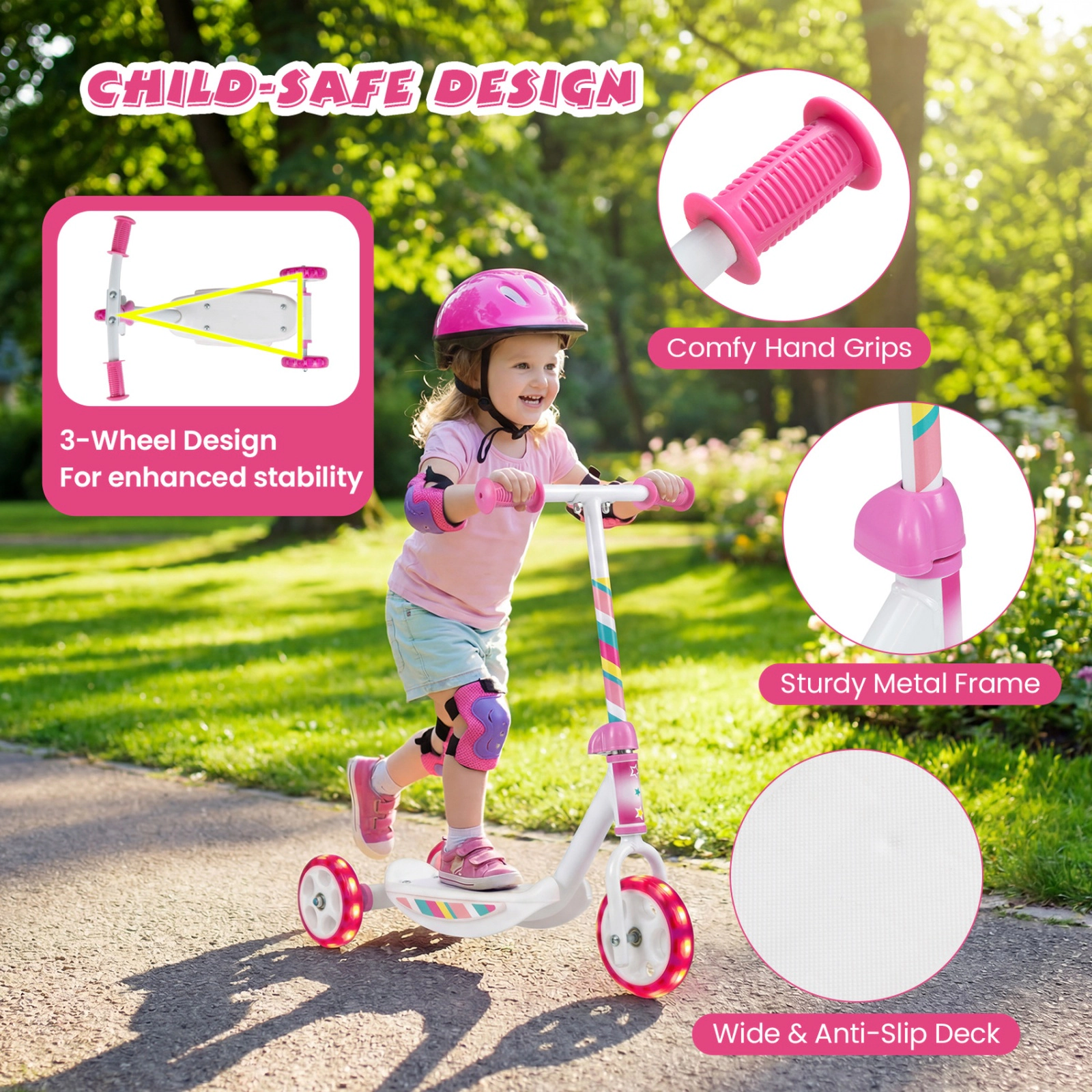 SUGIFT Toddler Pink 3-Wheel Kick Scooter with LED Light-Up Wheels 22-in W 12.5-in D 23-in H 44-lb Rider Capacity