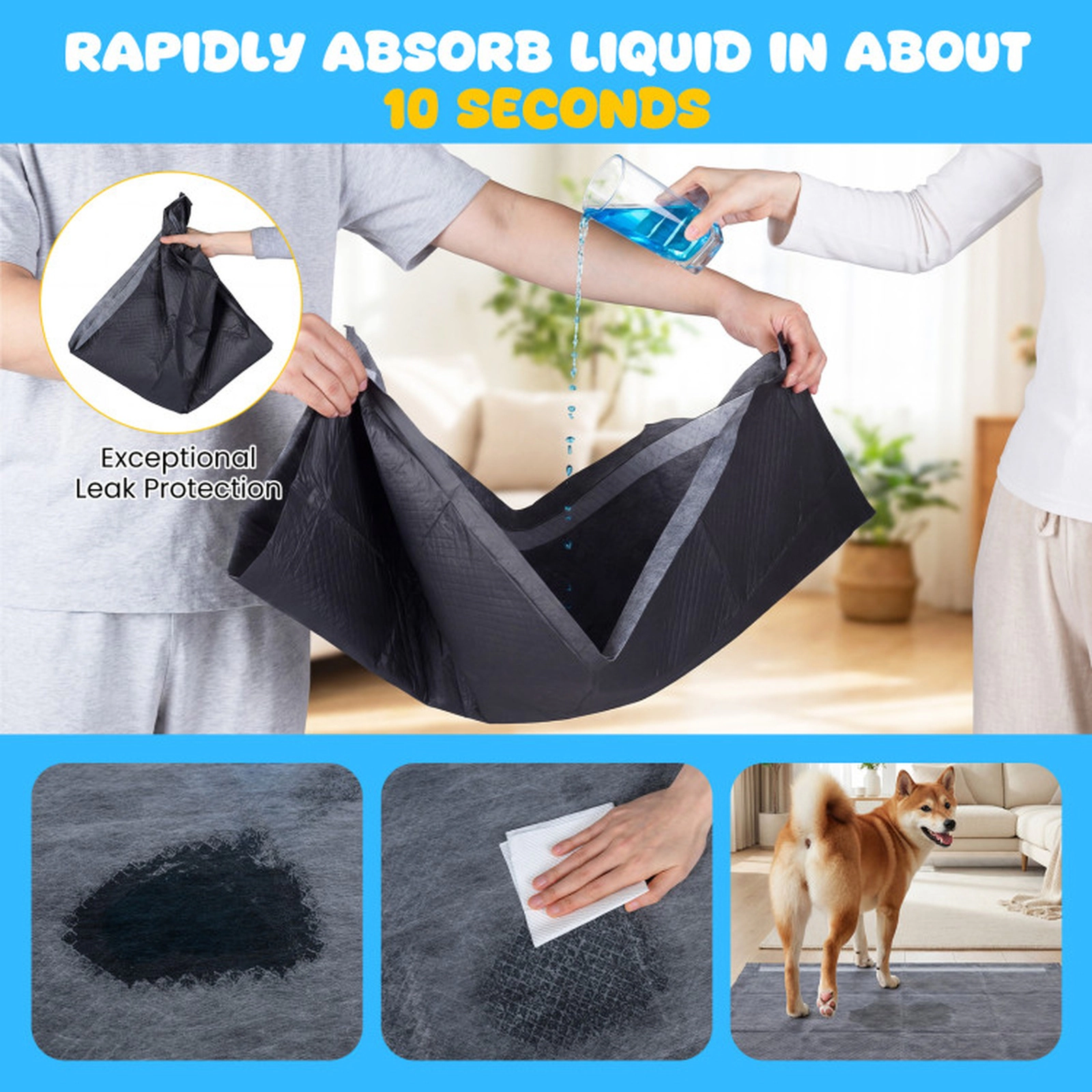 SUGIFT 6-Layer Charcoal Dog Pee Pads Pet Bed Protector 35.5 x 24 in for Dogs Black