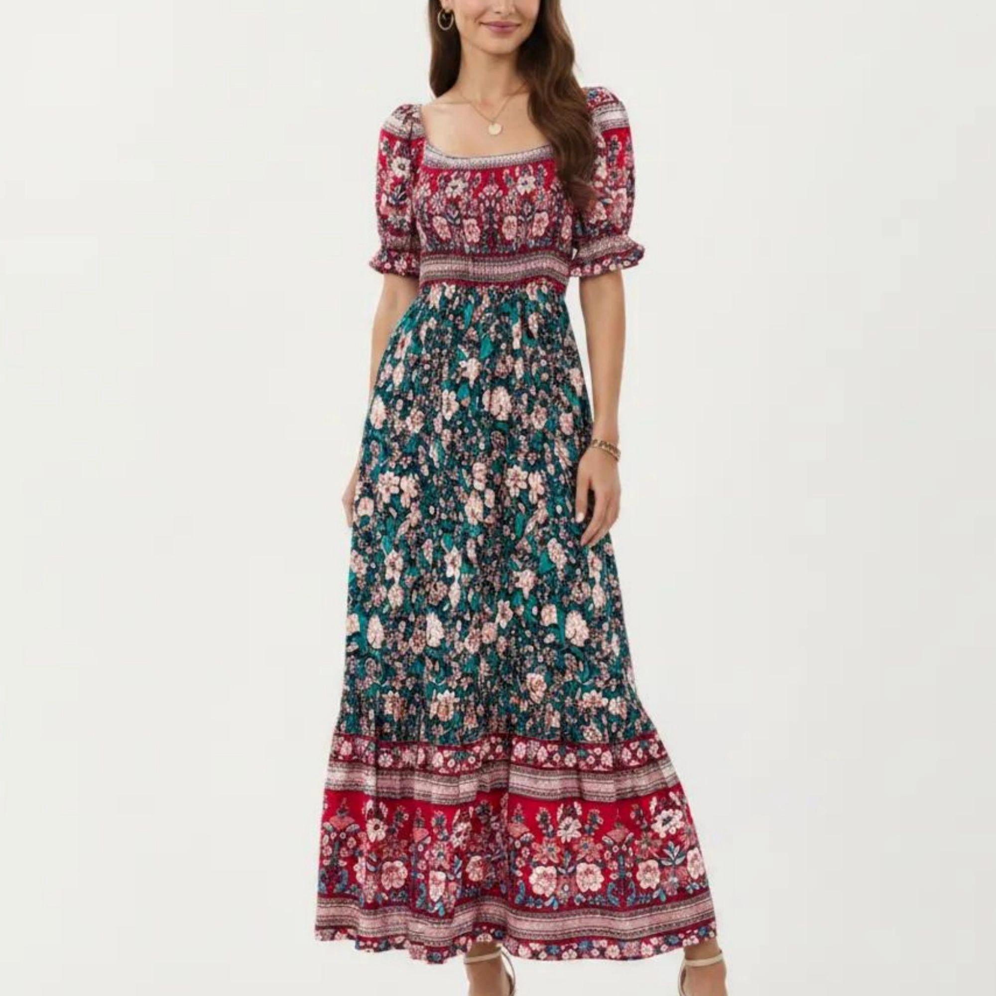 Anna-Kaci Women's Puff Sleeve Mixed Floral Print Border Hem Maxi Dress