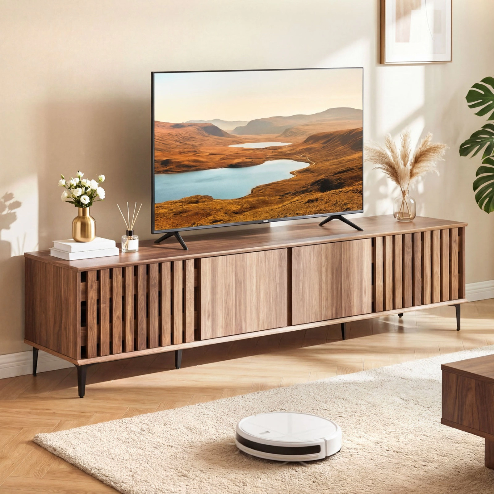 SUGIFT Mid Century Modern Entertainment Center TV Stand with 4 Storage Cabinets 71-in Wide 190-lb Tabletop Walnut