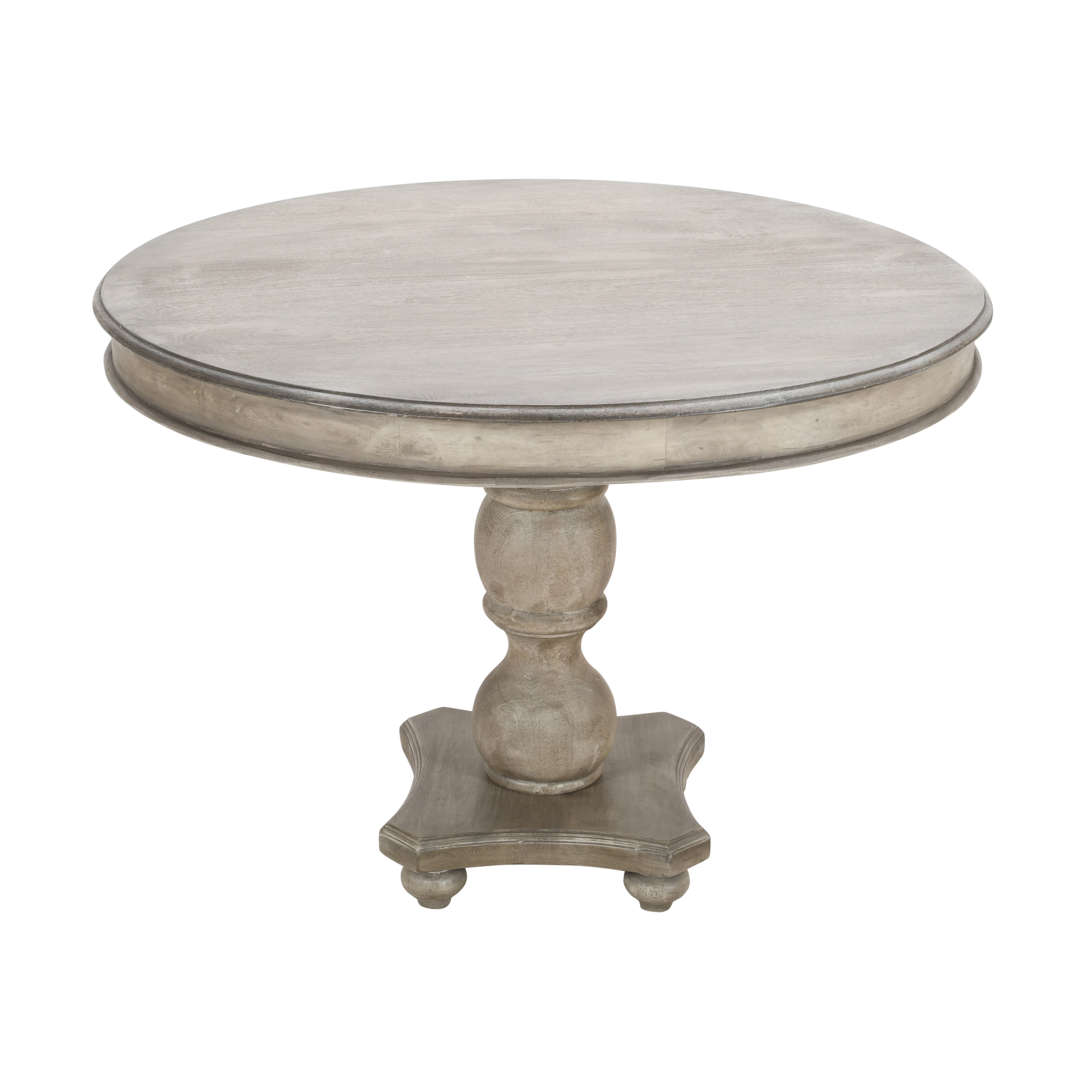 The Urban Port 42 Inch Handcrafted Mango Wood Dining Table, Pedestal Base, Round Molded Top, Washed White, Gray