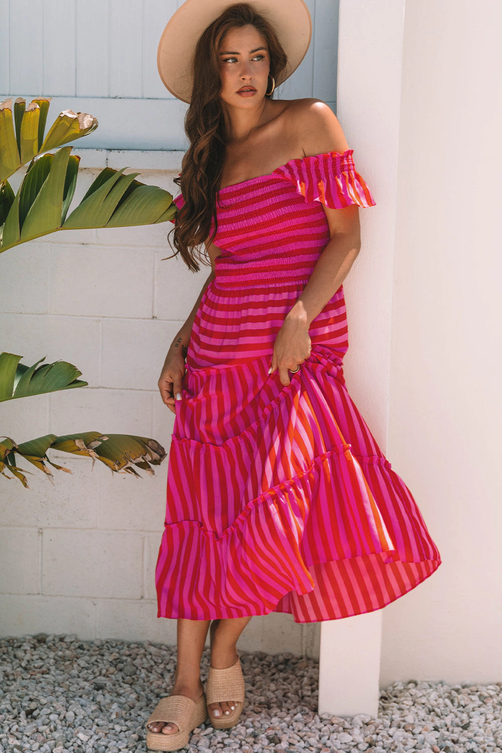 Threaded Pear Women's Arisbeth Stripe Flutter Sleeve Maxi Dress