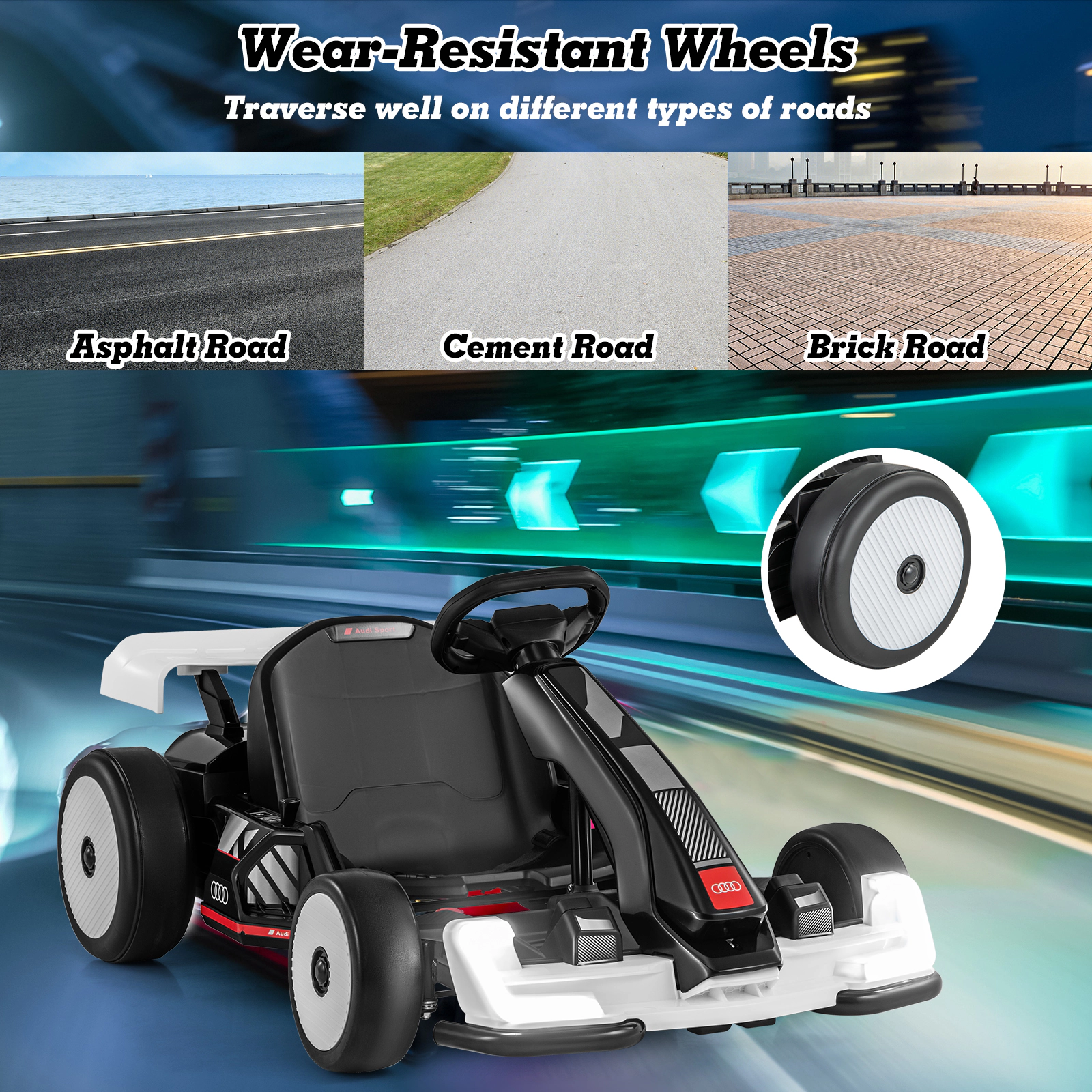 SUGIFT 24V Adjustable Kids Go Kart Ride-On Racing Toy with Drift and Sport Modes 110-lb Capacity Ages 6+ Black & White