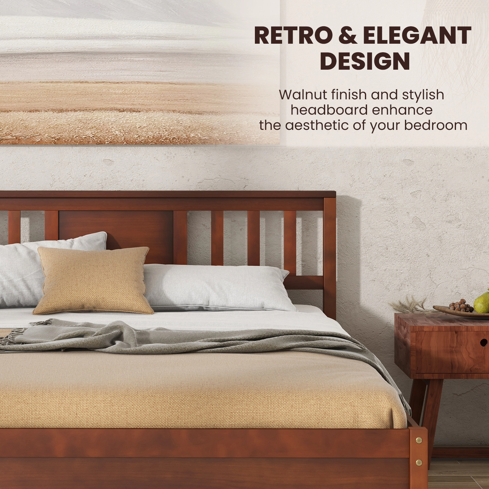 SUGIFT Wood Slat Support Platform Bed Frame with Headboard 440-lb Capacity Full Size Walnut