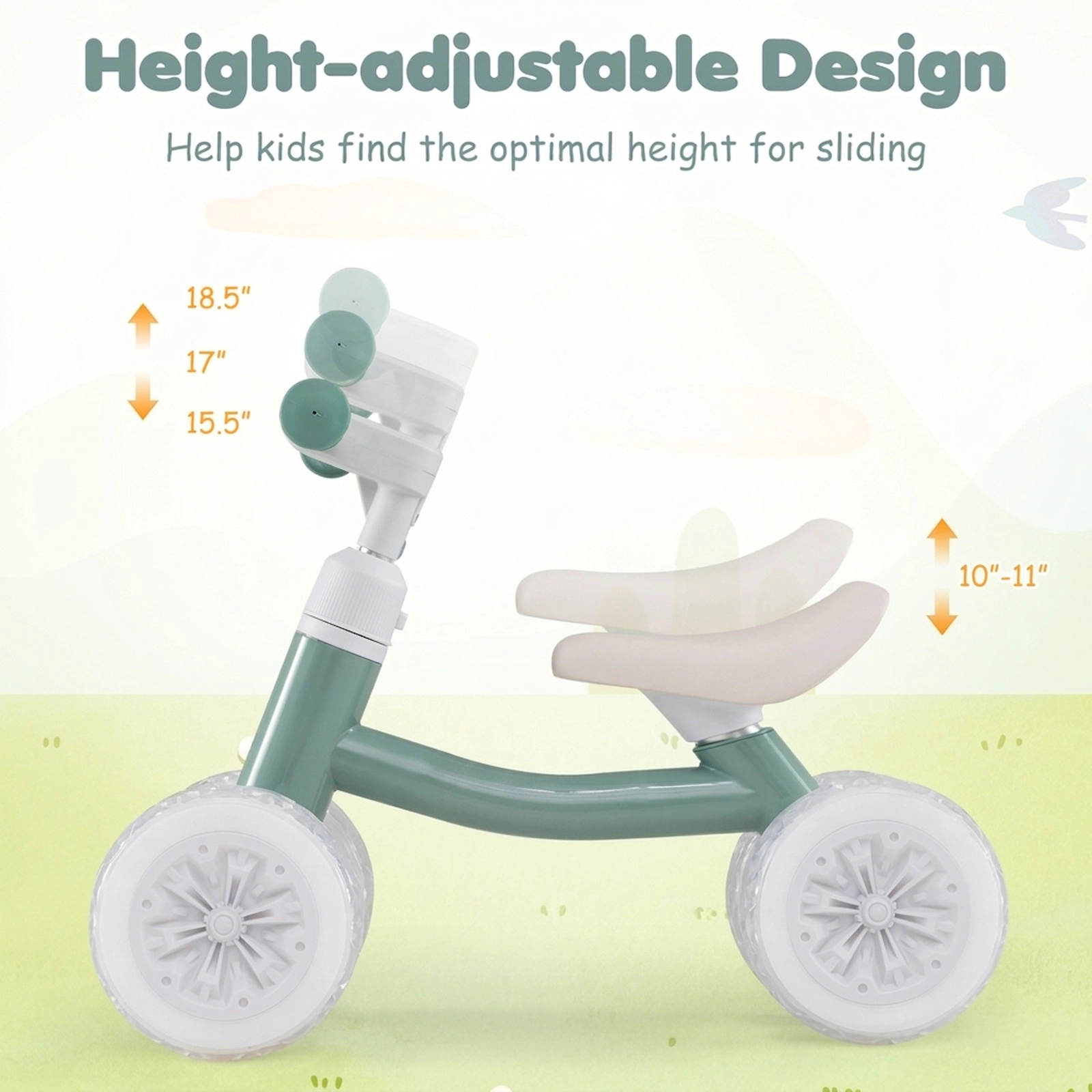 Baby Balance Bike Light-Up Wheels 3-Level Adjustable Handlebar and Seat 45-Degree Steering Limit 12-36 Months Green