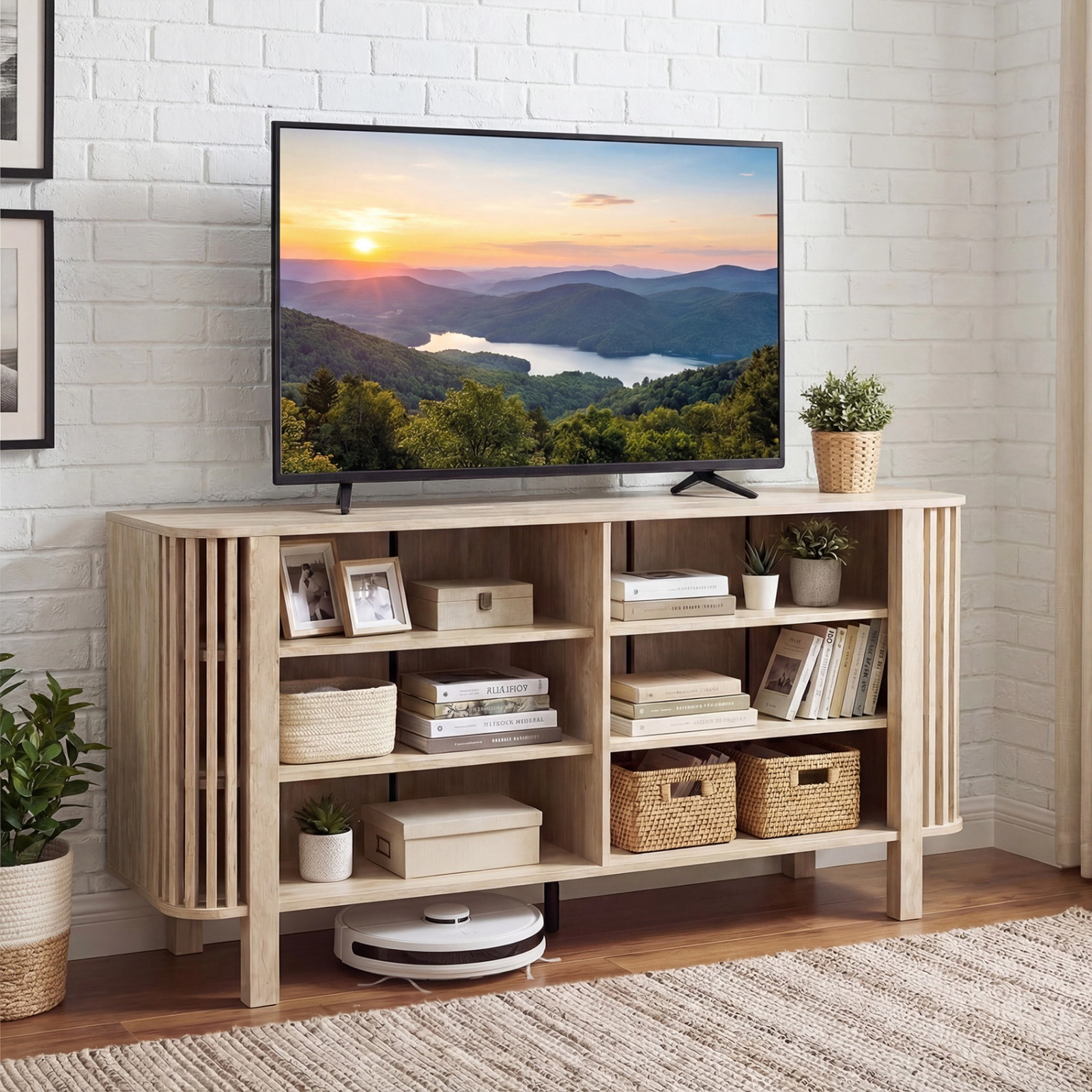 SUGIFT 59-In Natural TV Stand for TVs Up to 55 In, 5-Leg Base, Adjustable Shelves