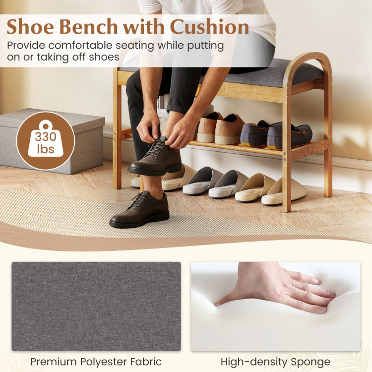 Hivvago 2-Tier Bamboo Shoe Bench with Storage and Padded Cushion