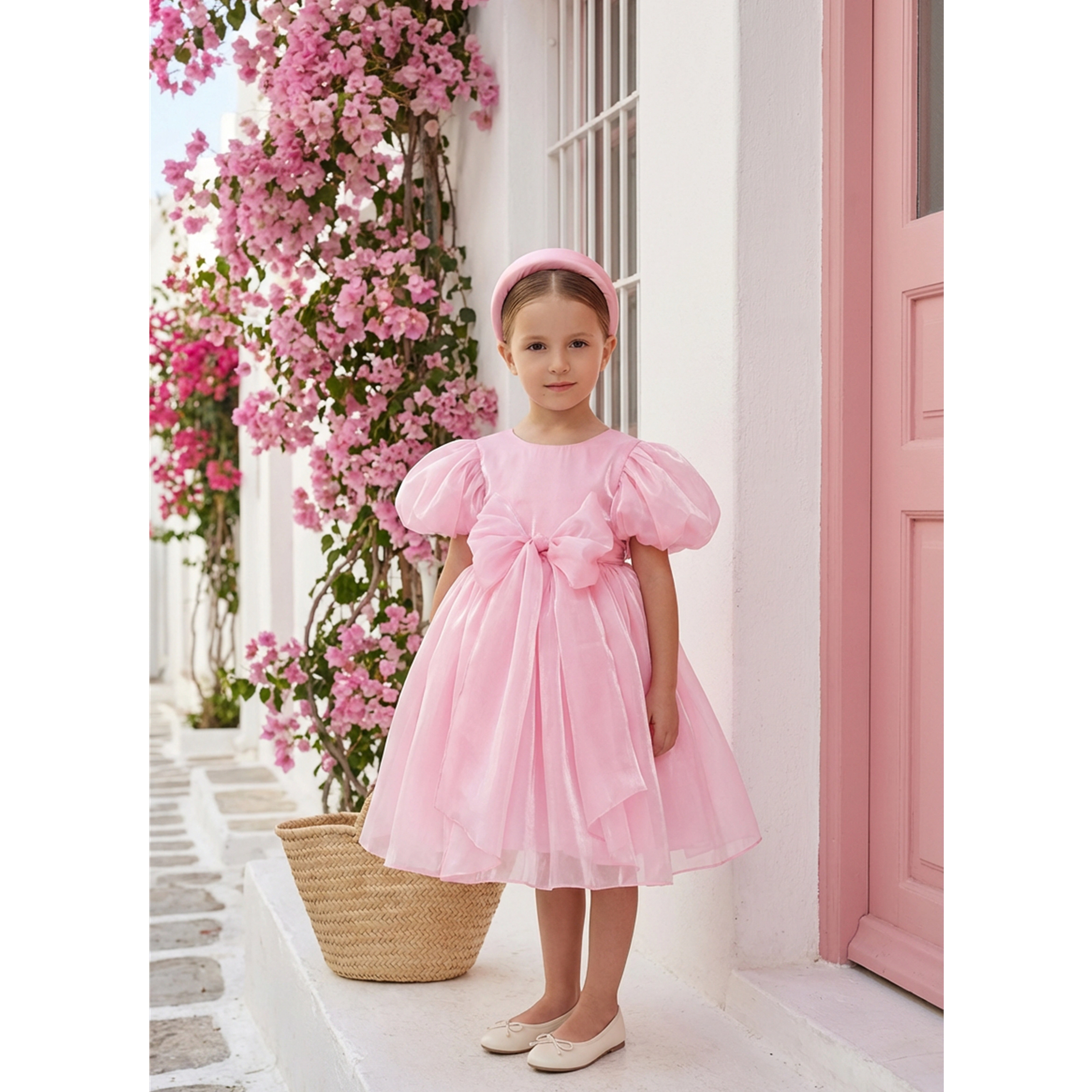 2Bunnies Girls' Glossy Organza Puff Sleeve Fit & Flare Bow Party Dress