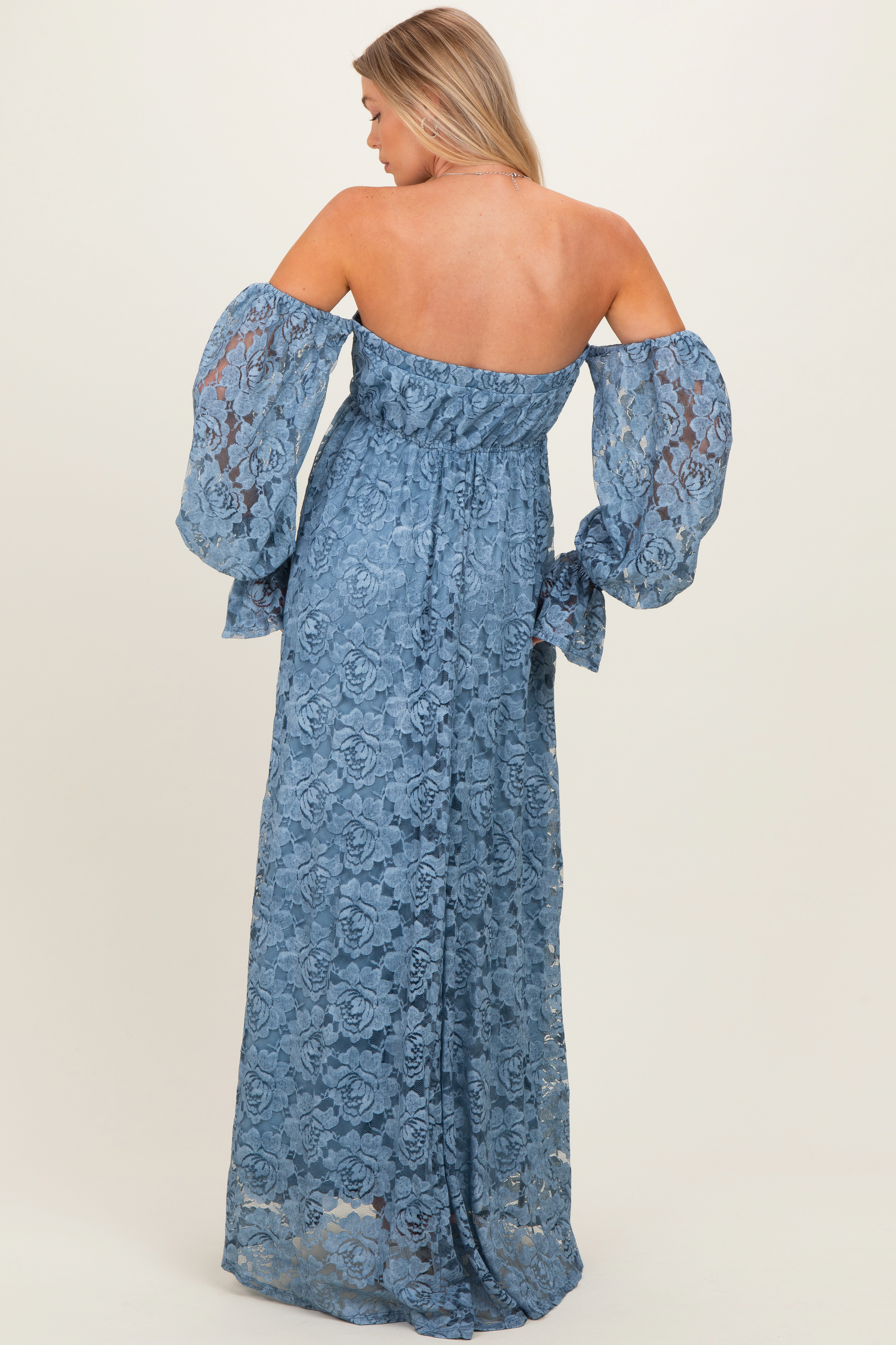 PinkBlush Womens Blue Lace Off Shoulder Long Sleeve Maternity Maxi Dress