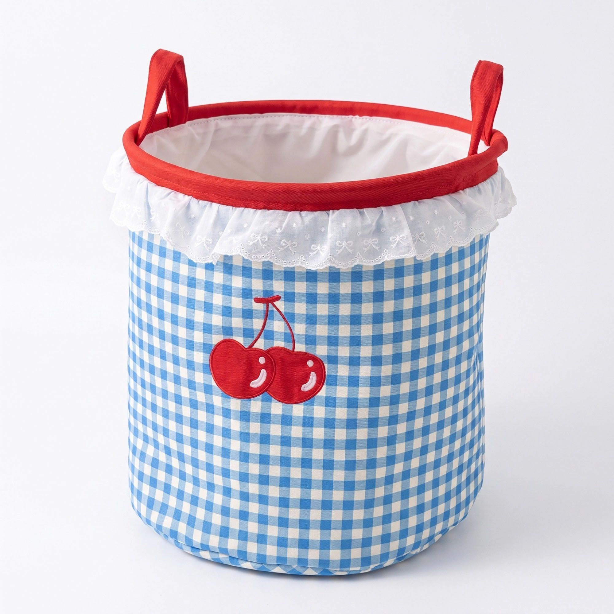 Alilang Unisex Cherry Embroidered Gingham Laundry Hamper with Lace Ruffle & Handles