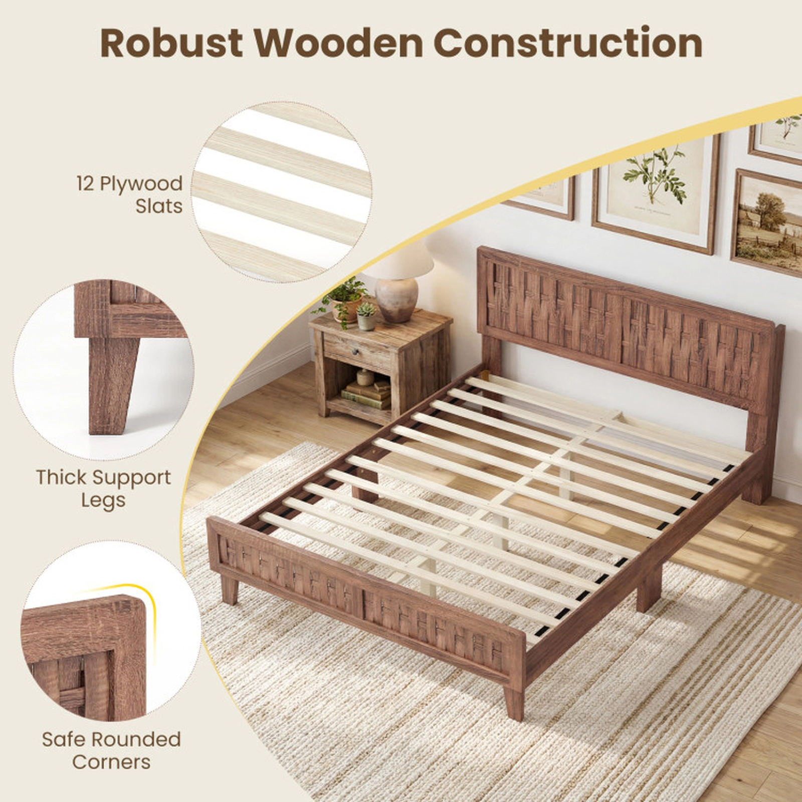 SUGIFT Mid Century Queen Size Bed Frame Woven Headboard 700-Lb Capacity 85-in Long Platform 80 x 61-in Bed Surface