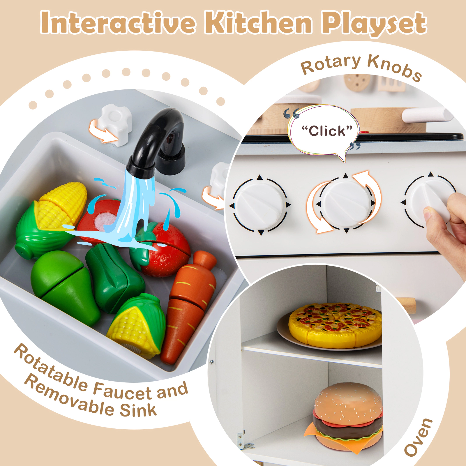 Kids Kitchen Playset with Dual Lighted Stoves Removable Sink Rotatable Faucet and Pine Legs 22-in x 12-in x 30-in White