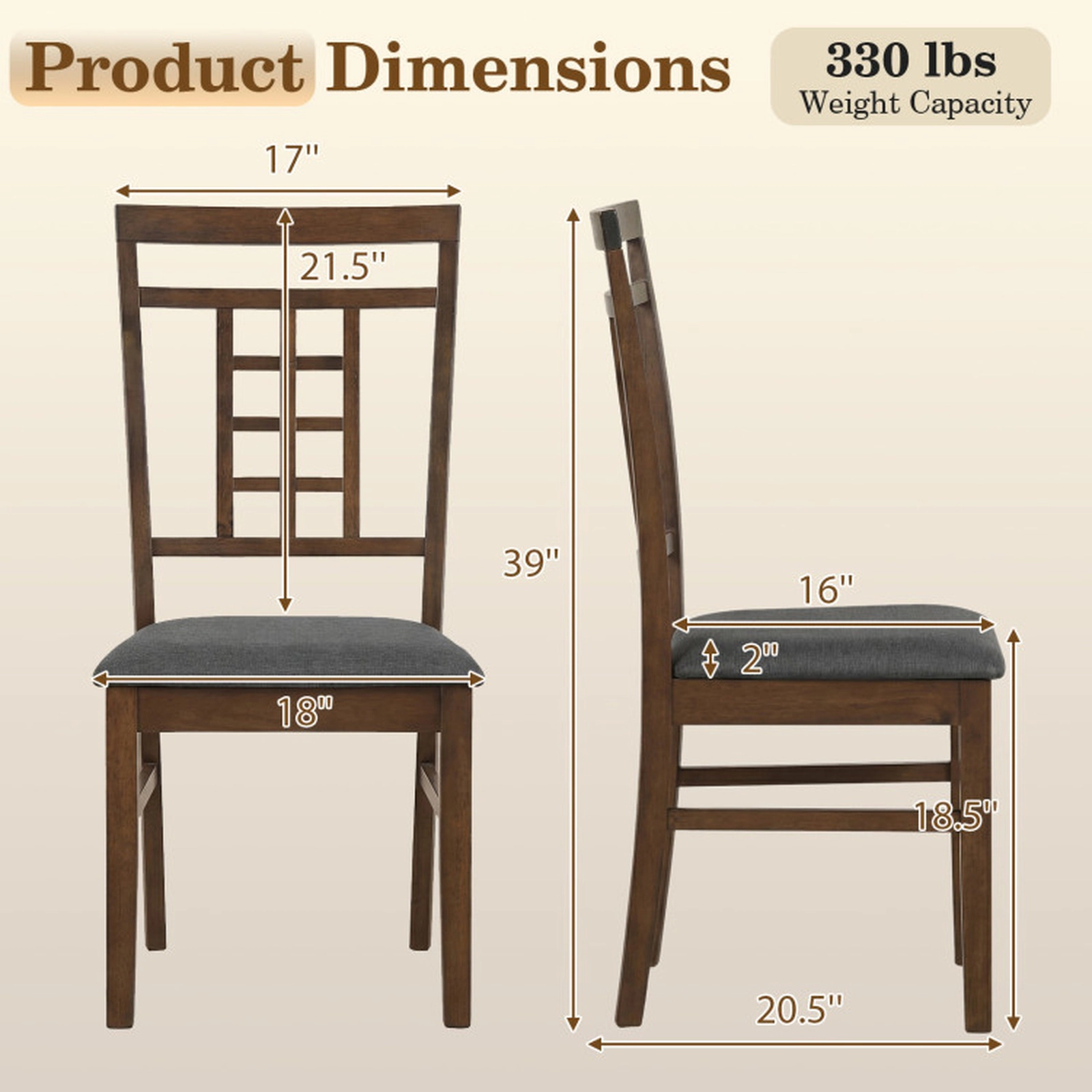 SUGIFT Lattice Back Rubber Wood Dining Chairs Set of 2 330-lb Capacity 39-in Backrest Brown and Gray