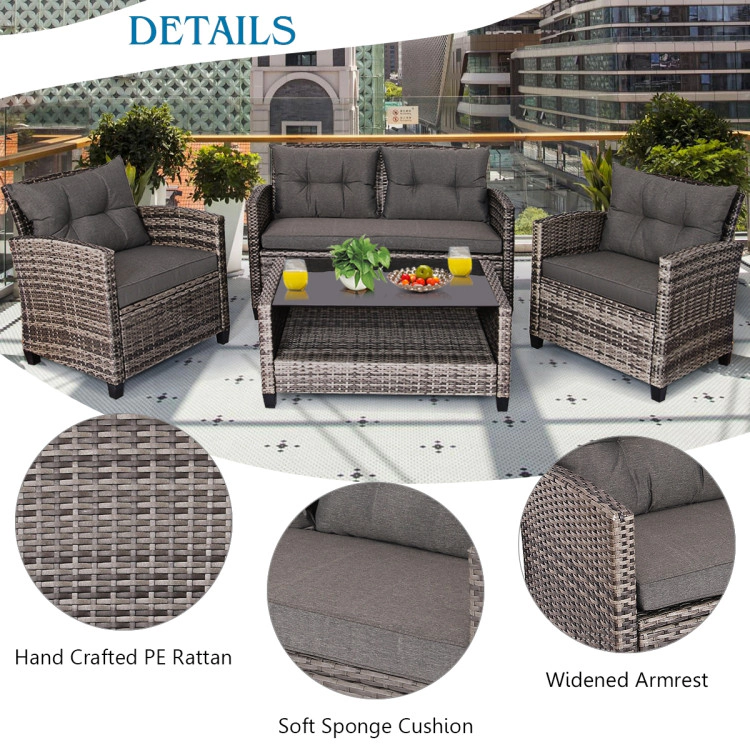 Hivvago 4 Pieces Patio Rattan Furniture Set Coffee Table Cushioned Sofa