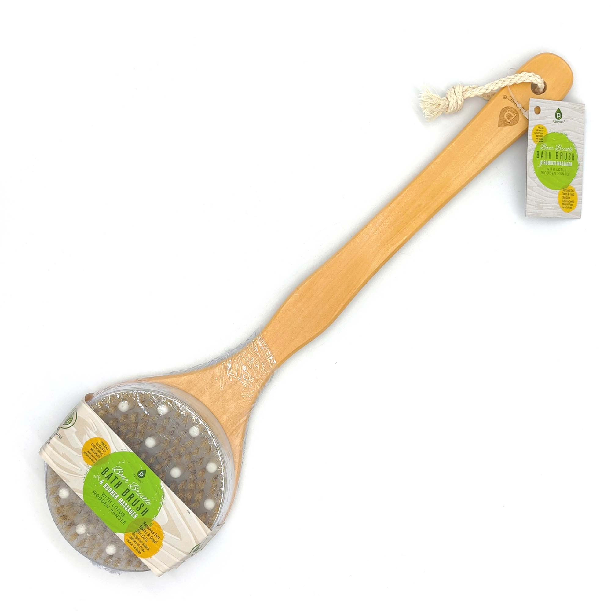 Pursonic Unisex Natural Wood Body Massage Brush with Boar Bristle & Rubber Massager Lotus Wooden Handle