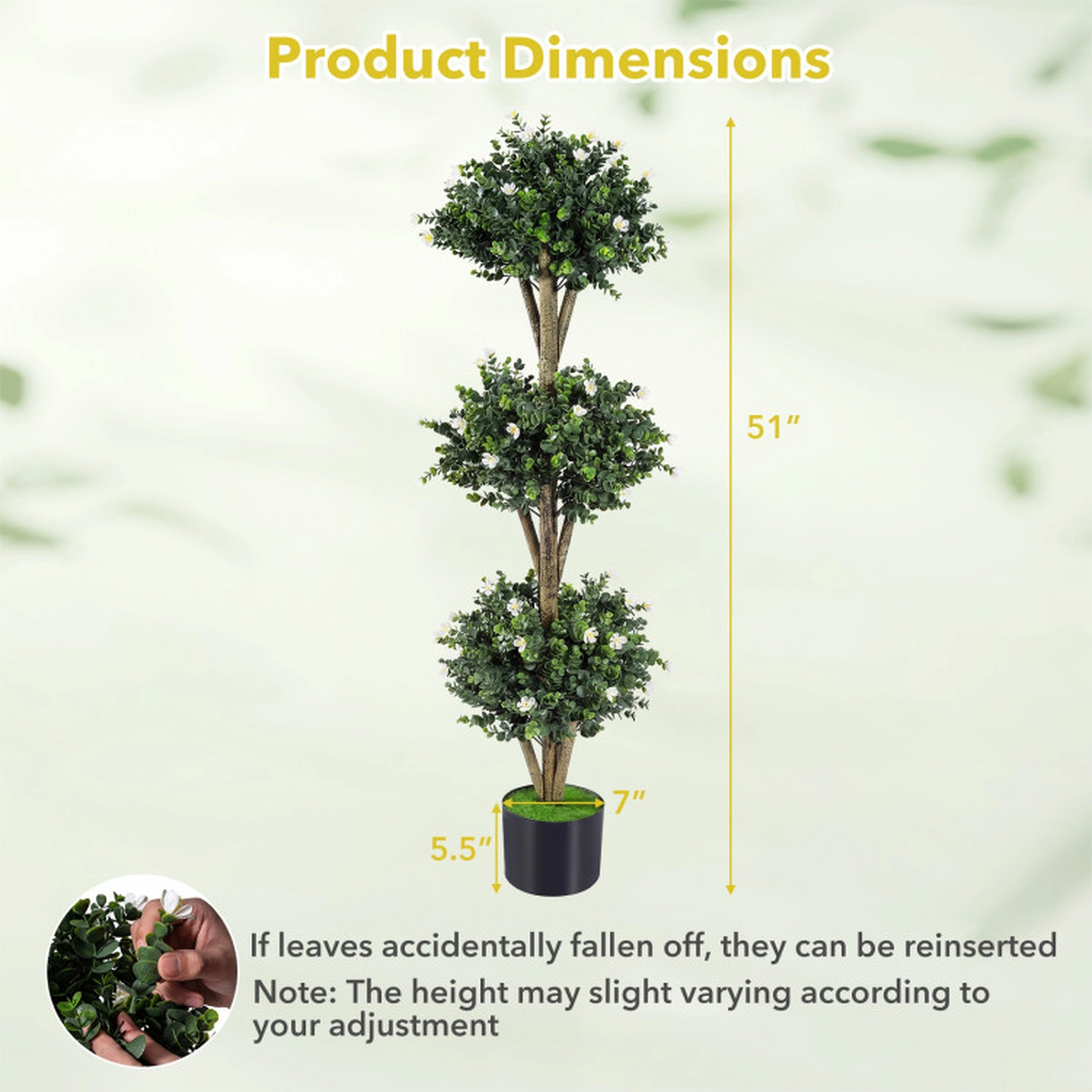 SUGIFT 51-in Artificial Triple Ball Boxwood Topiary Tree with 59 White Blossoms and Cement-Filled Pot