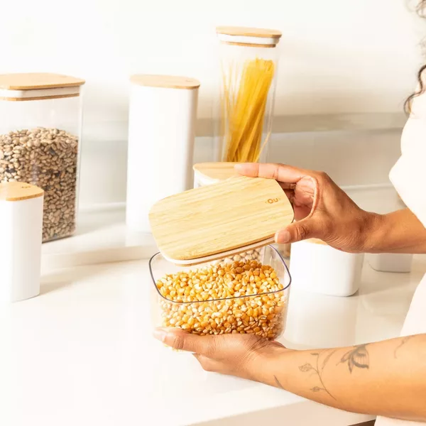 OU Airtight Food Storage Container Set 16pc, Clear Plastic Container w/ Leak Proof Bamboo Lid Stackable Pantry Organizer