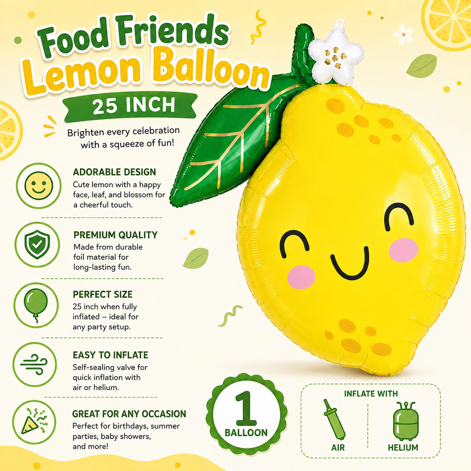 LoonBalloon 25-Inch Food Friends Lemon Balloon, Multicolor