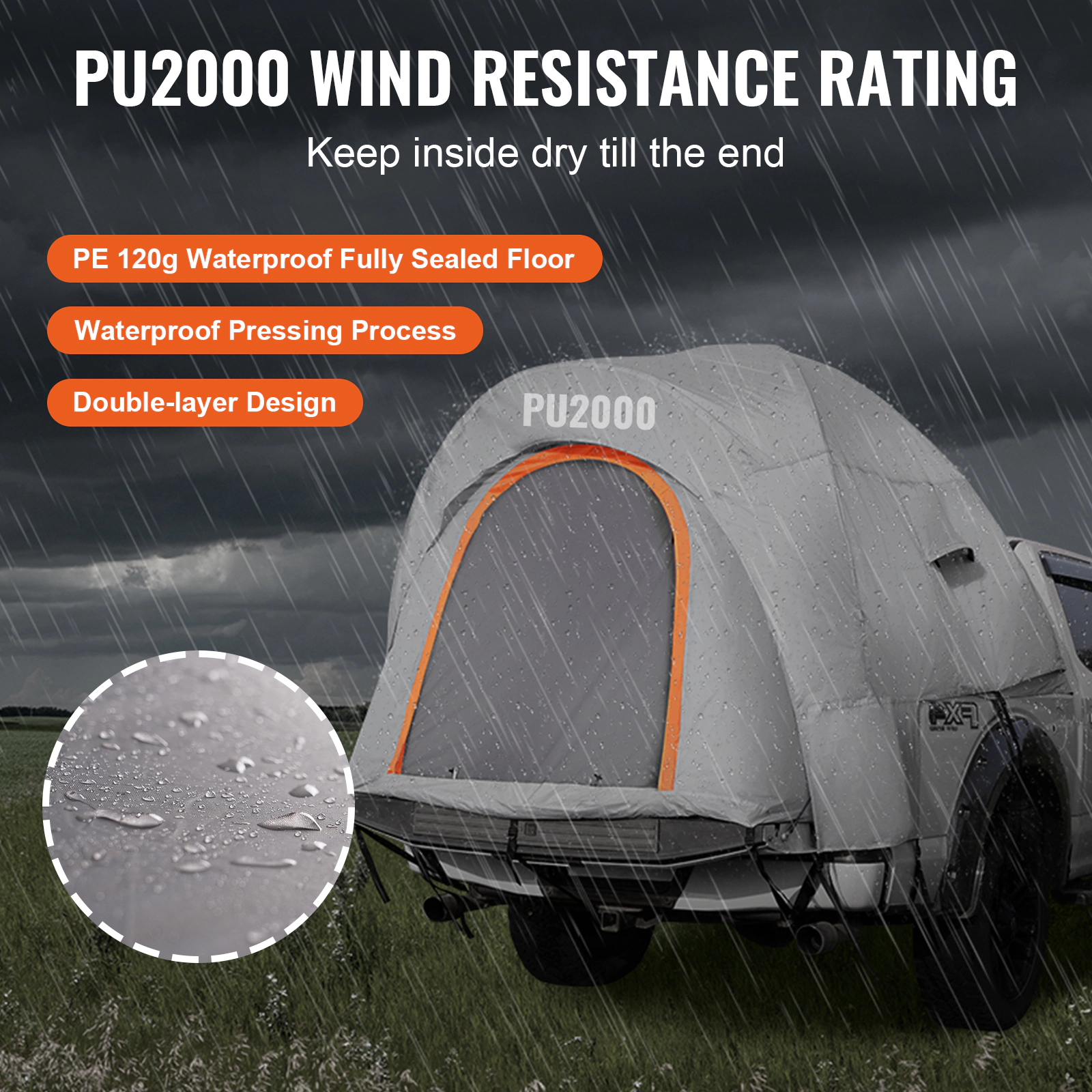 HONGGE Truck Bed Tent for 5.5-6 ft Pickup Beds, Waterproof PU2000 Double-Layer Camping Tent for 2-3 Person, with Rainfly