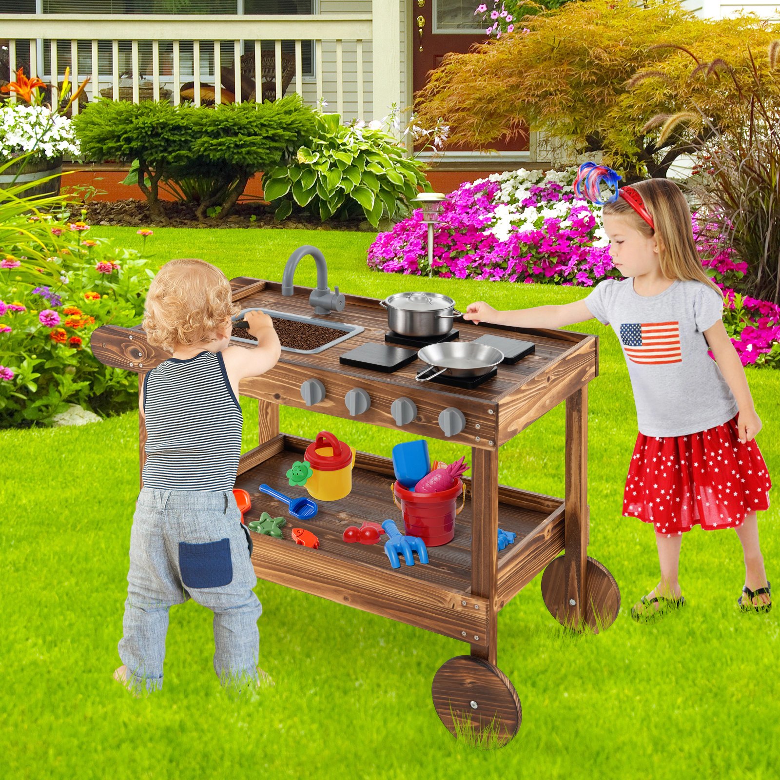 LJG Kids Outdoor Movable Mud Kitchen with 2 Rolling Wheels and 1 Push Handle