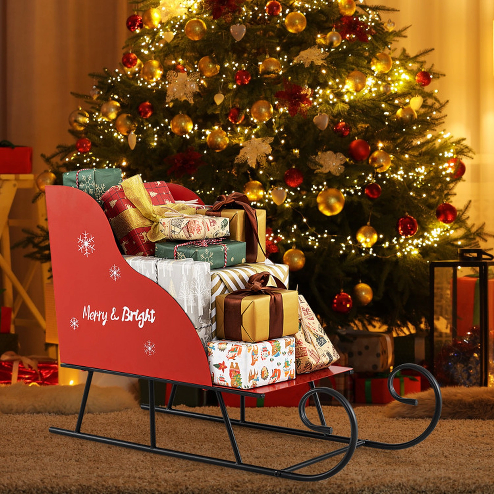 SUGIFT Red and Black 29-in Metal Christmas Santa Sleigh Basket for Gift Garland and Ornament Storage