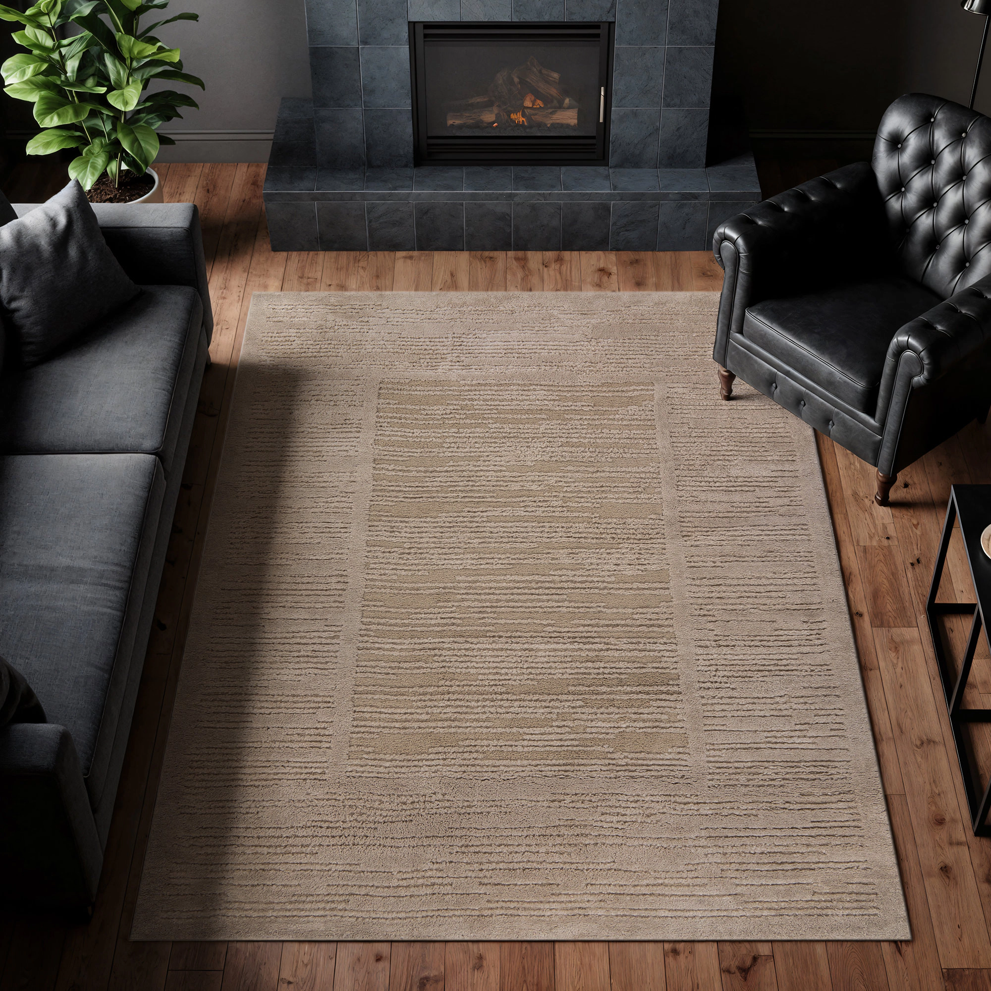 World Rug Gallery Striped Framed Border Soft Shag High-Low Indoor Area