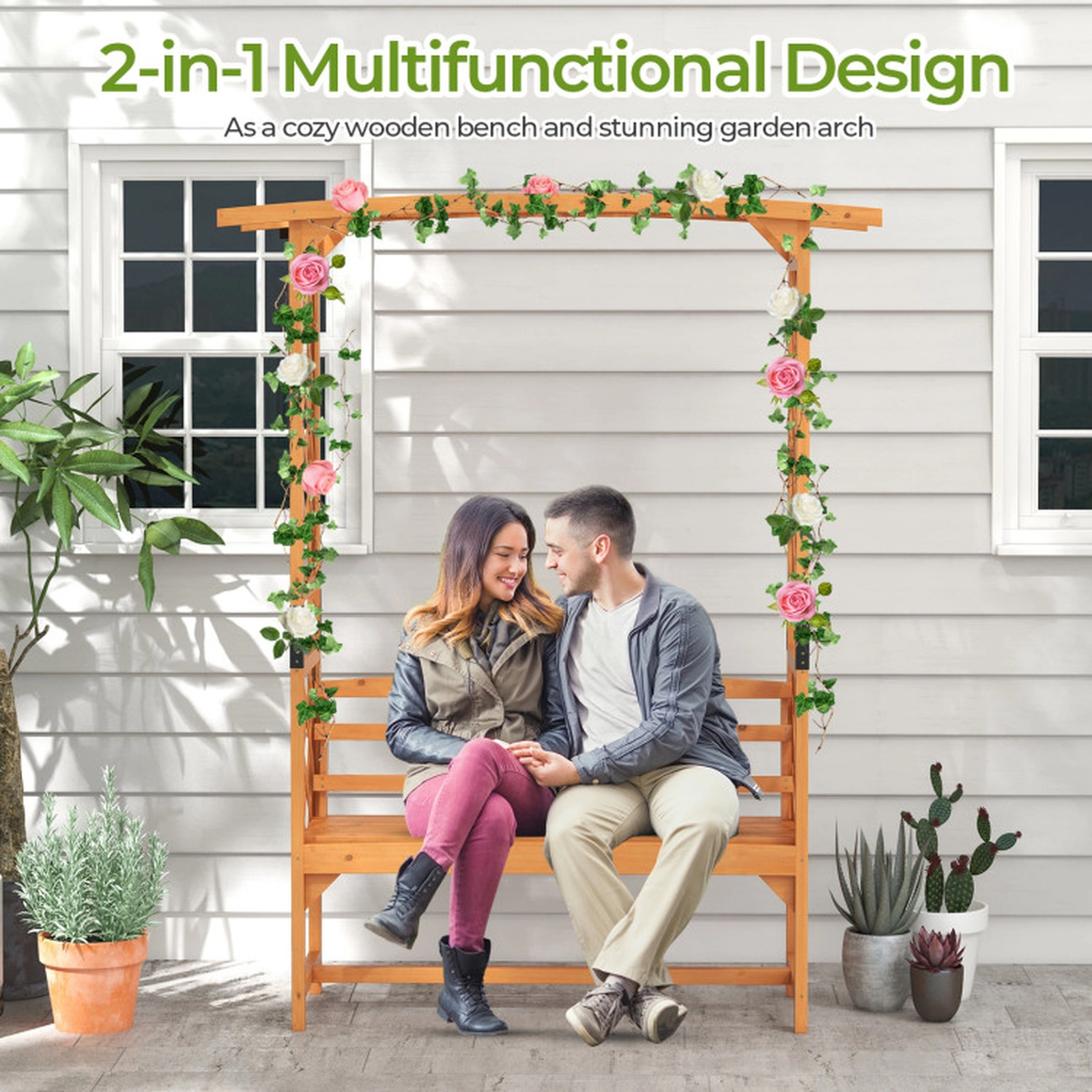 SUGIFT 6.5-ft Tall Fir Wood Patio Garden Arbor with Pergola and 2-Seat Bench 660-lb Capacity 63-in Wide Yellow