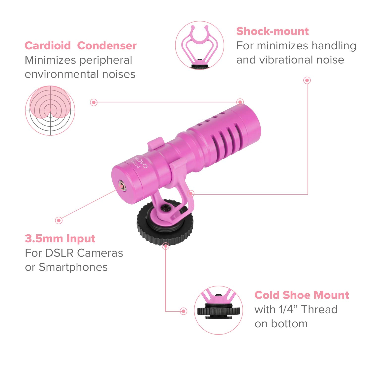 Movo VXR10 Universal Video Microphone for DSLR Cameras and Camcorders (Pink Breast Cancer Awareness Edition)