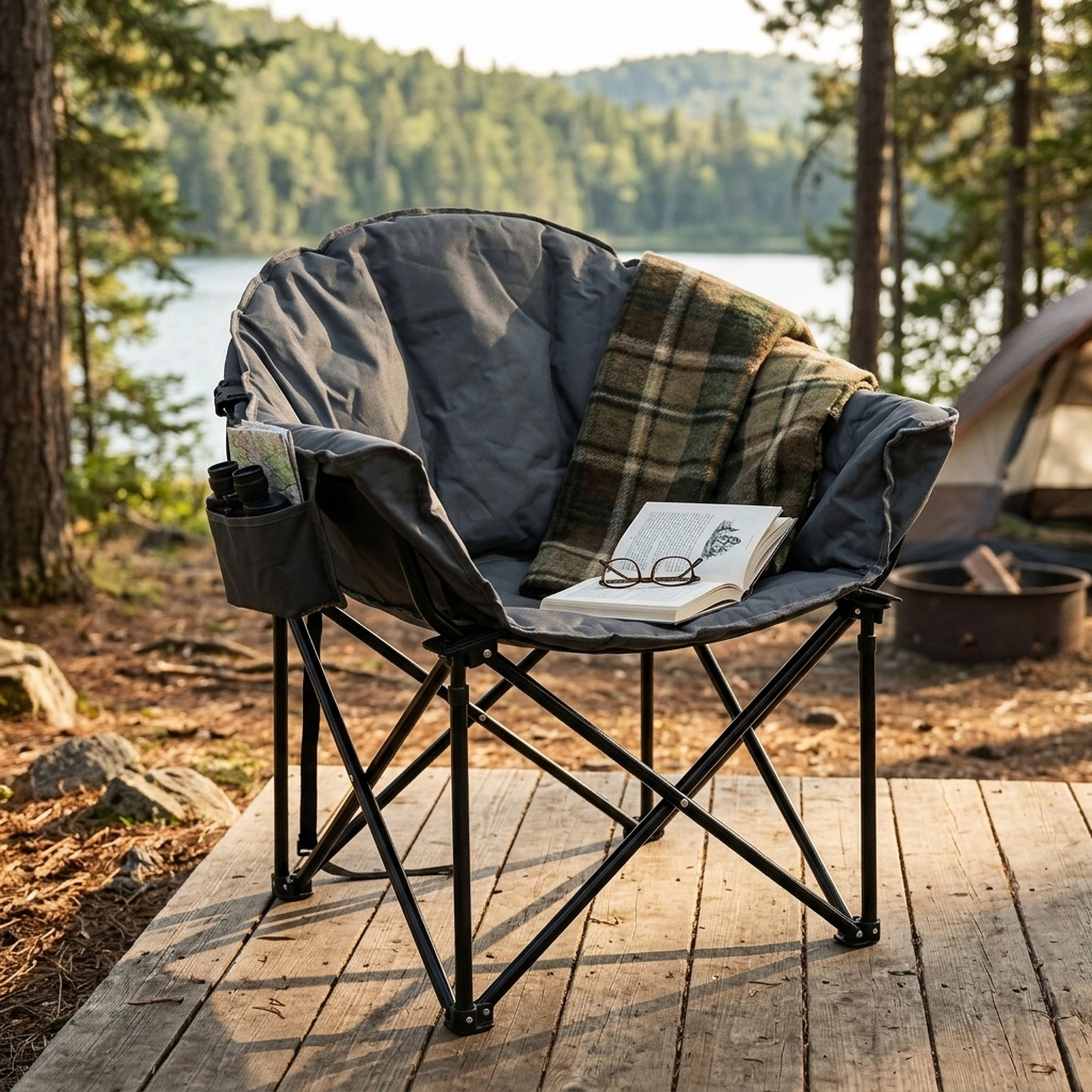 SUGIFT Folding Camping Moon Padded Chair with Carrying Bag 300-lb Capacity Brown Gray Navy Red Black
