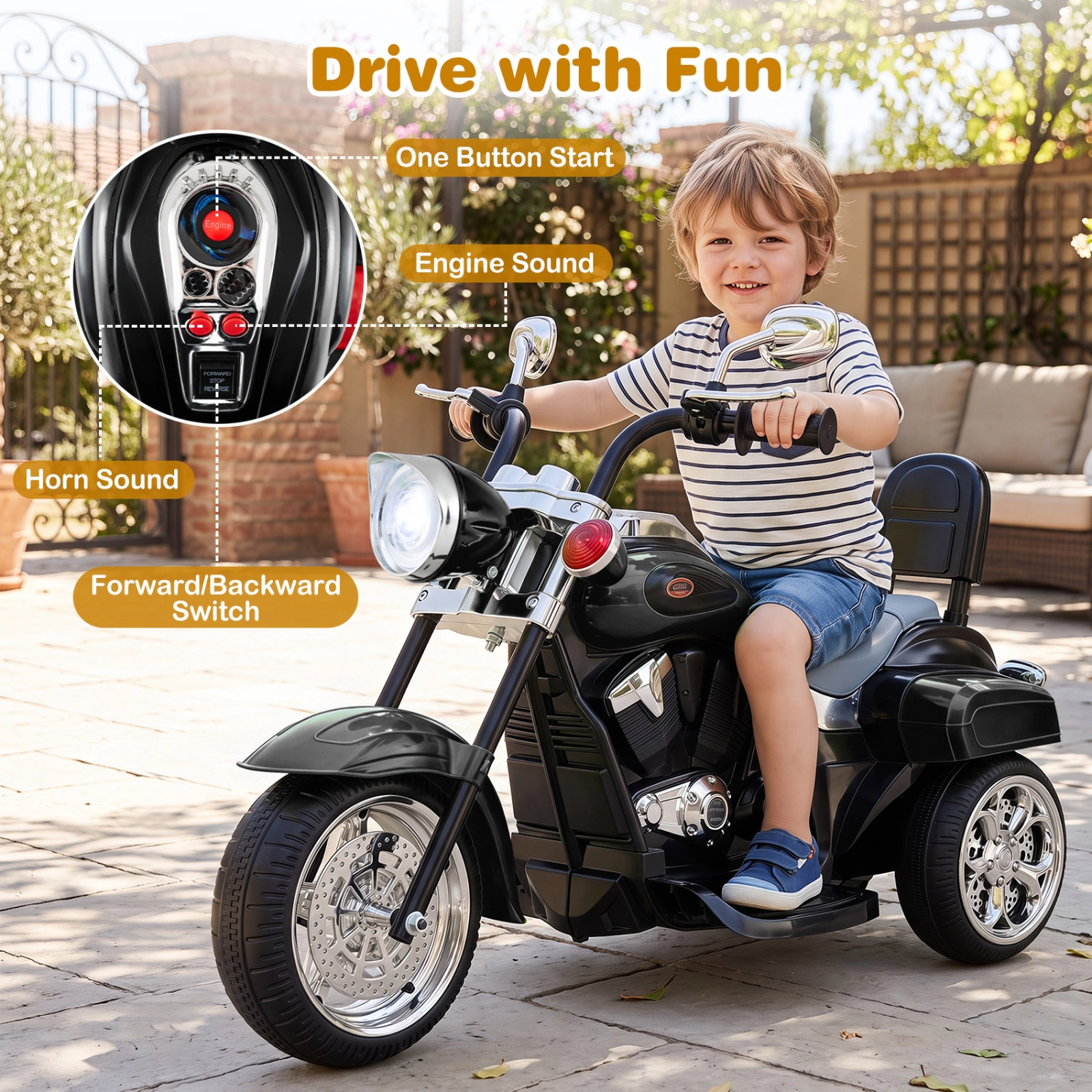 SUGIFT 6V Powered Toddler 3-Wheel Motorbike Ride On Toy with Horn and Headlight 66-lb Capacity Ages 3+ Black