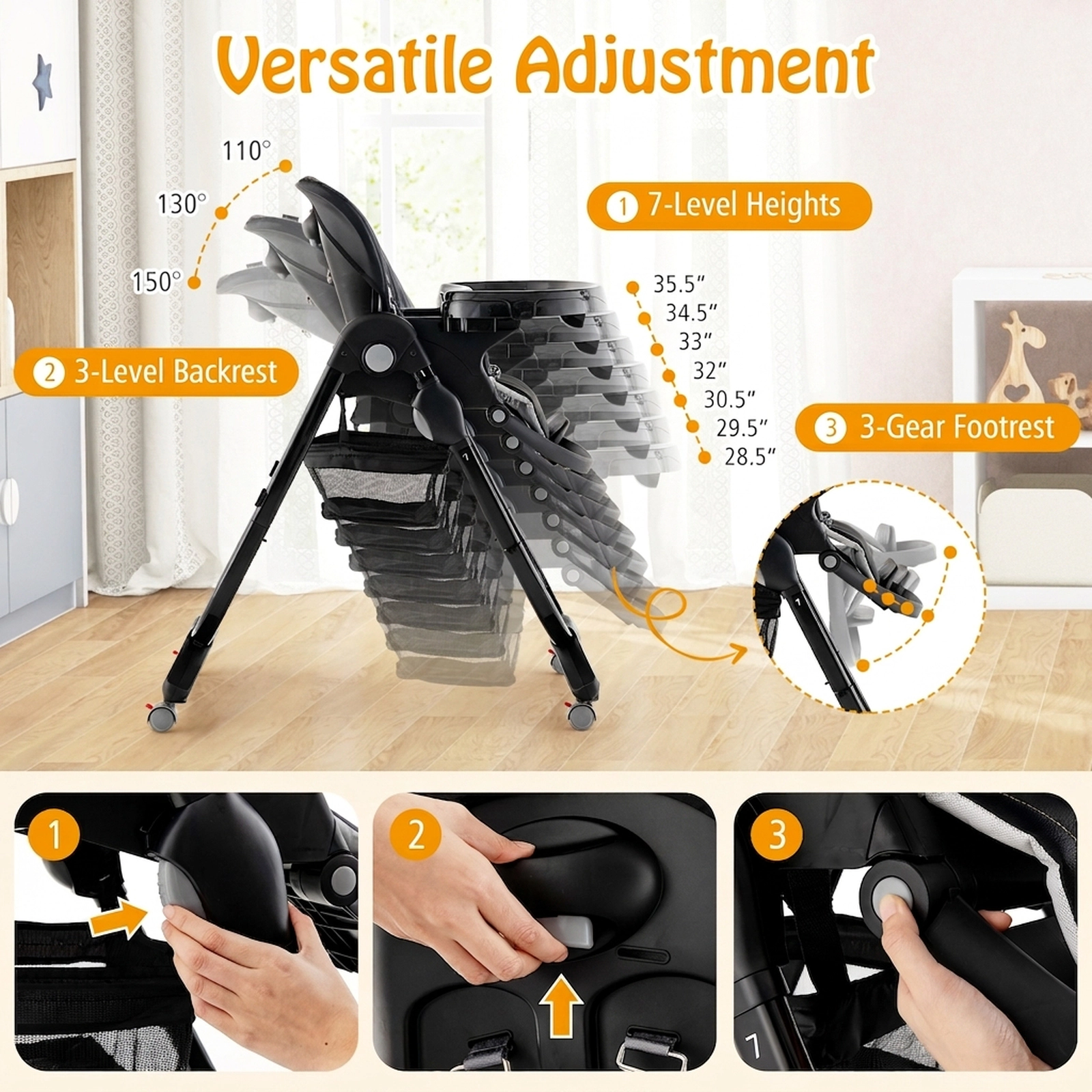 Multifunctional Folding Baby High Chair Lockable Swivel Wheels 7 Adjustable Heights Removable Cup-Slot Tray Black