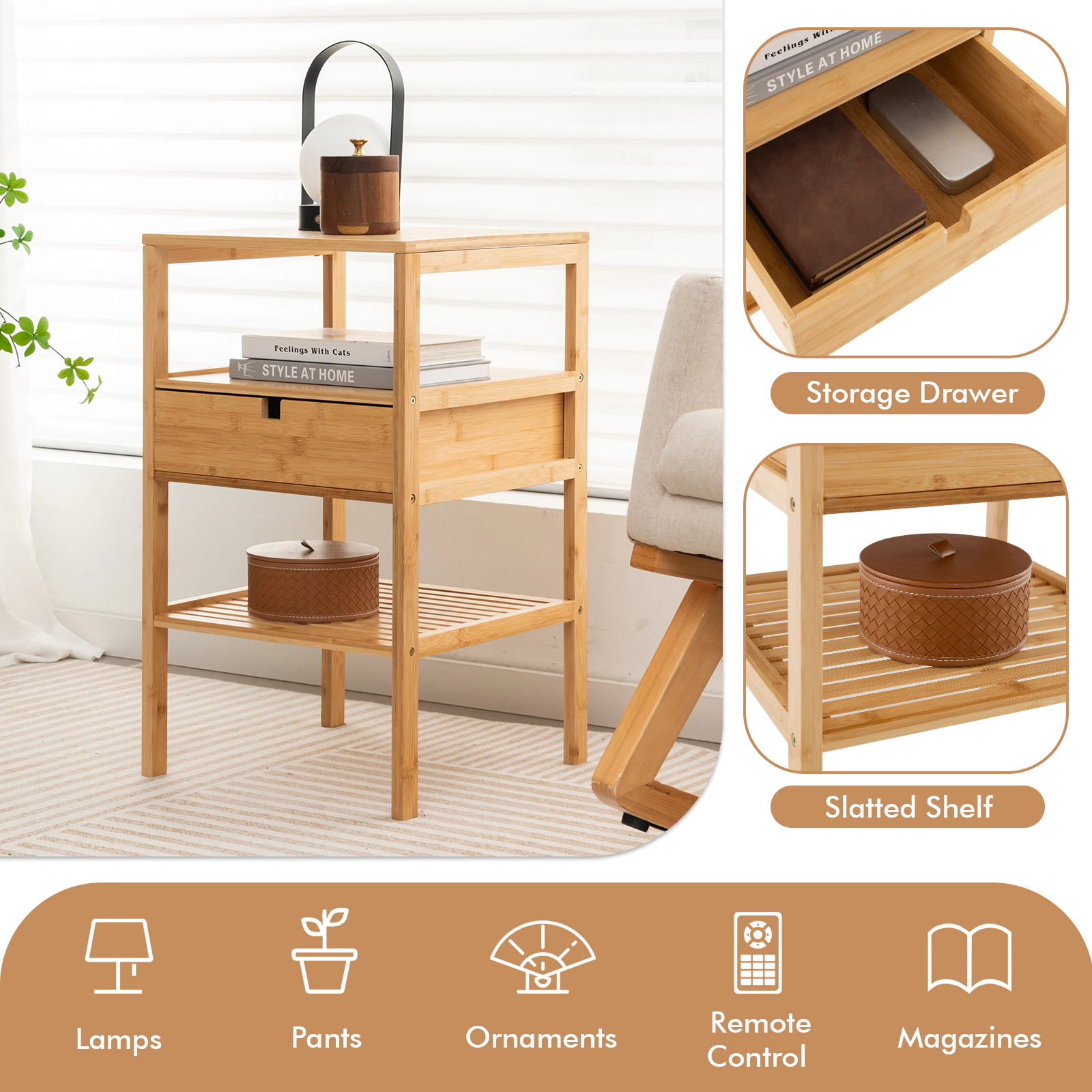 Hivvago Compact Bamboo Bedside Cabinet with Drawer and Two Open Compartments