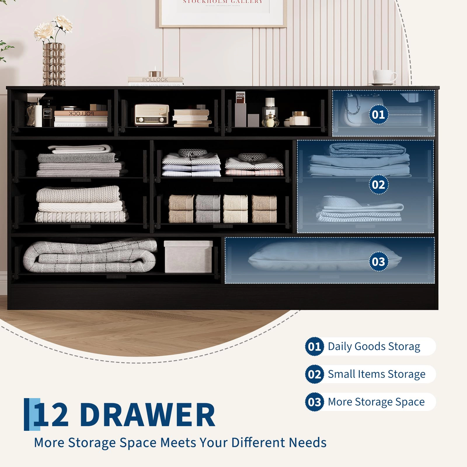 12 Drawer Wooden Dresser, Modern TV Stand for 65" TV, Storage Organizer Bedroom or Living Room
