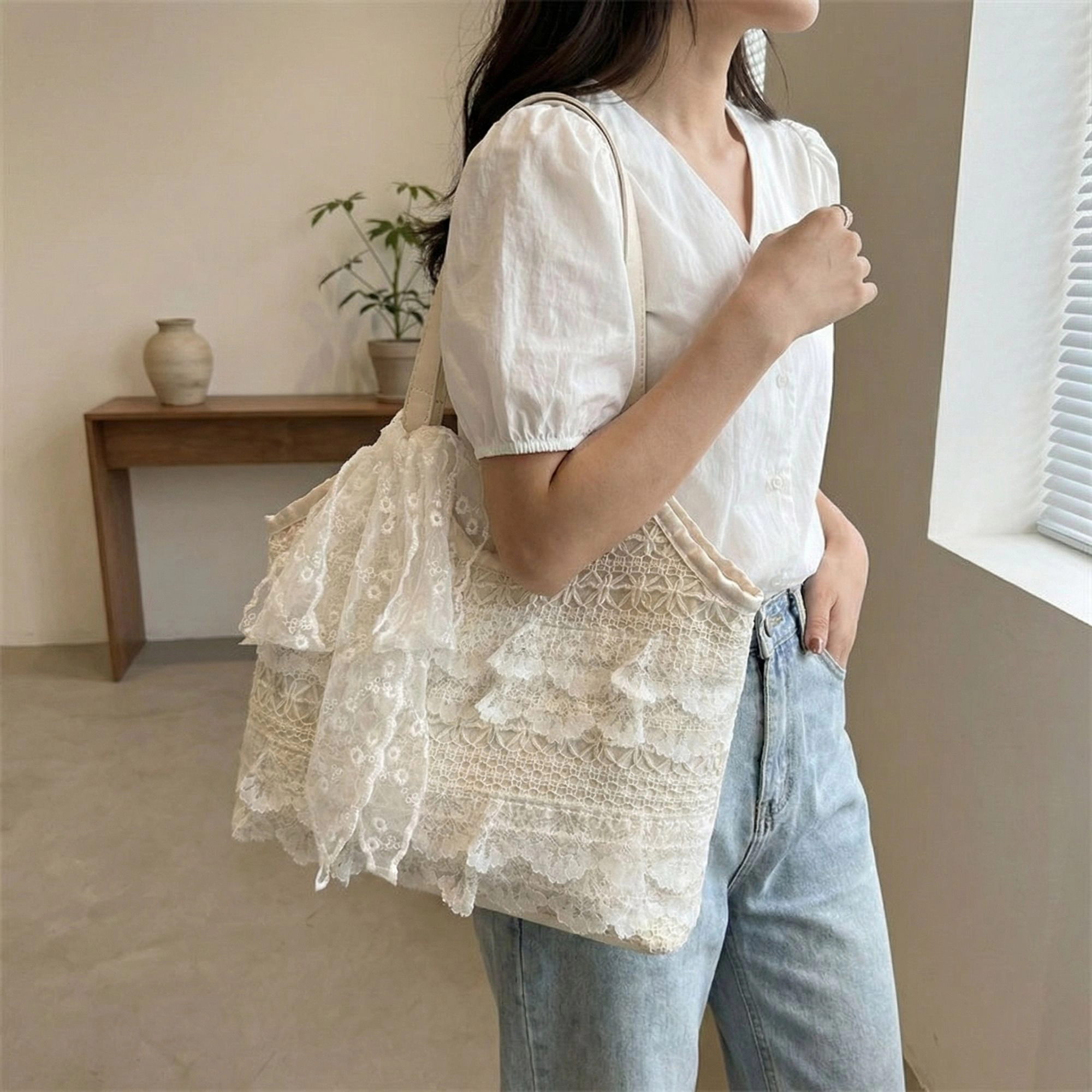 Alilang Women Lace Shoulder Tote Bag with Bow Detail Soft Structured Handbag, White