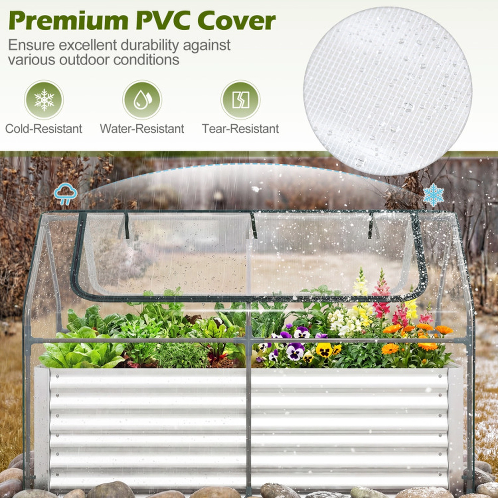 SUGIFT Galvanized Raised Garden Bed with Mini Greenhouse Cover Outdoor Planter Silver + Clear