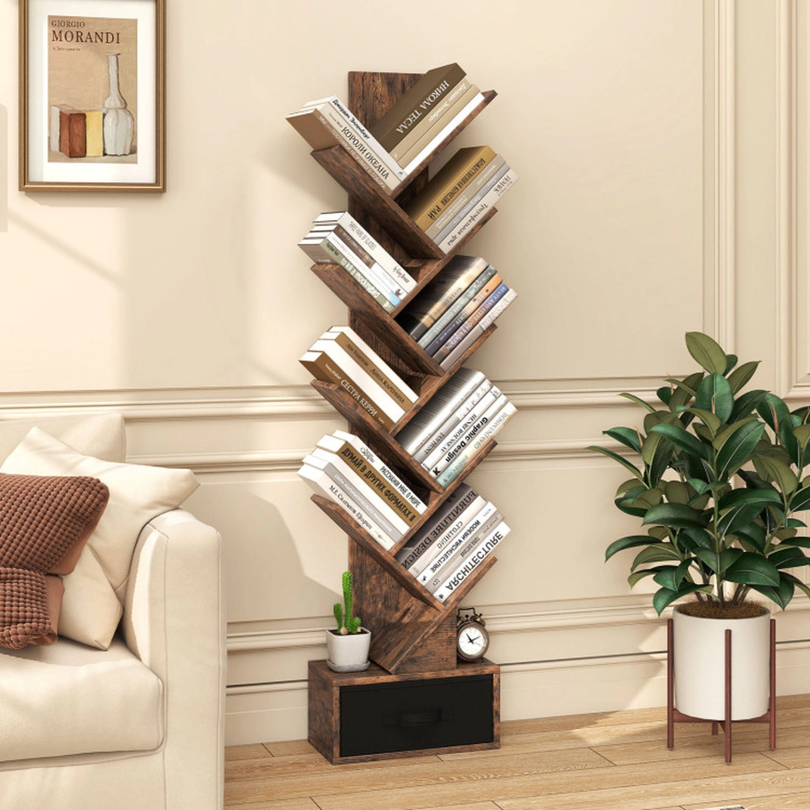 SUGIFT 10-Tier Tree Bookshelf with Drawer Freestanding Storage Bookcase 58.5-in Tall 100-lb Capacity Rustic Brown Black