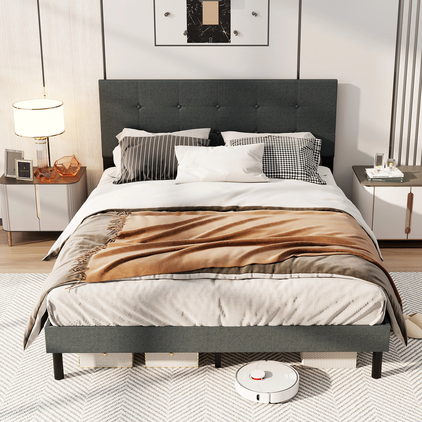 SUGIFT Queen Size Upholstered Linen Platform Bed Frame with Headboard 800-lb Capacity 84-in Frame Dark Gray