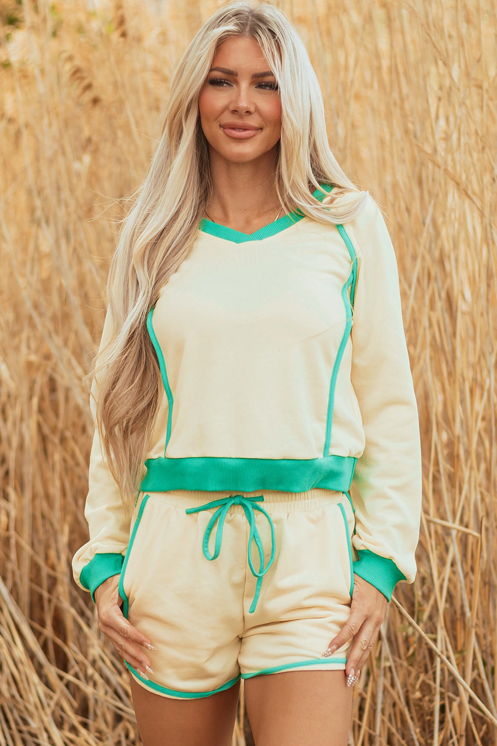 Threaded Pear Women's Wren Long Sleeve Pullover and Drawstring Shorts Outfit