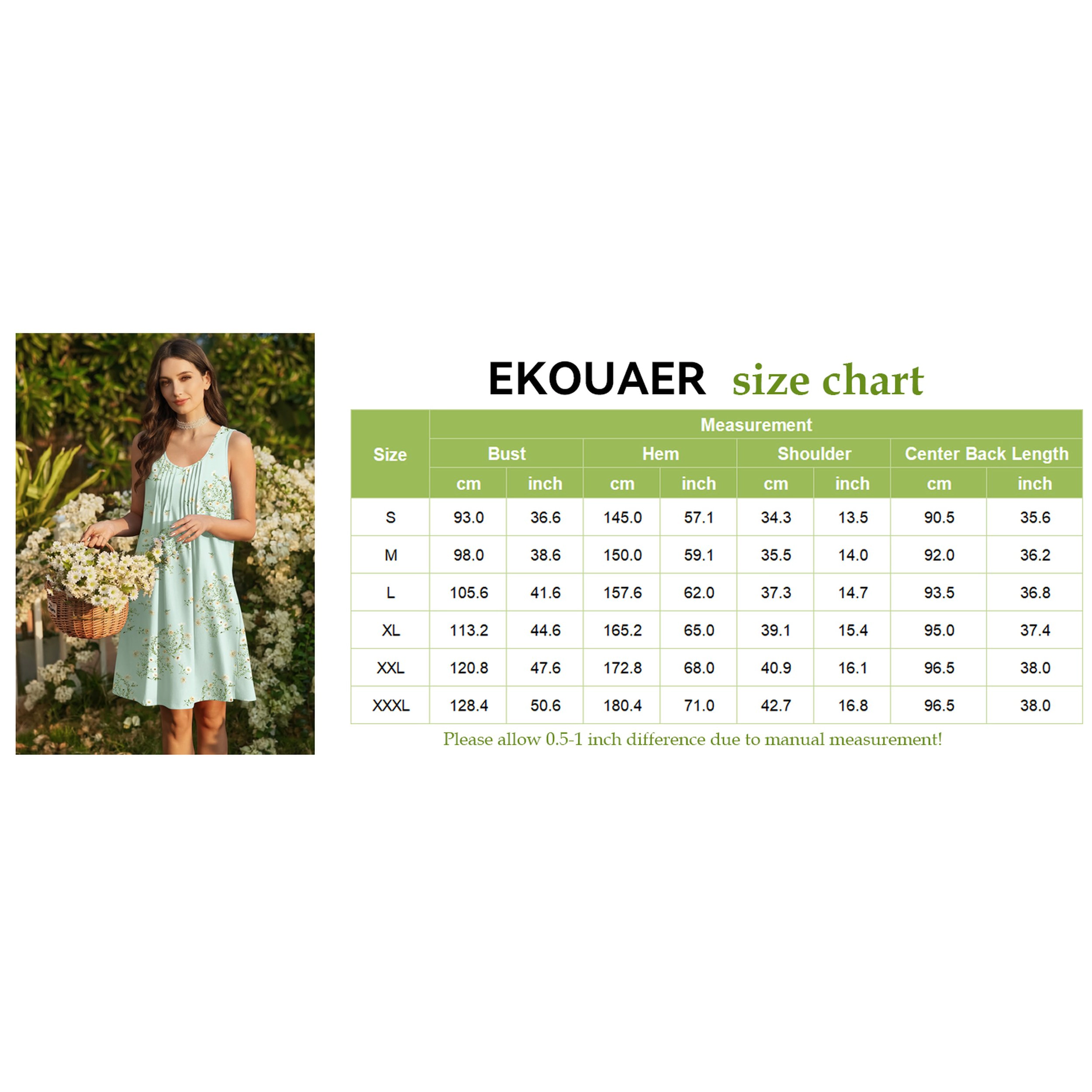 Ekouaer Cotton Nightgowns Night Gown Tank Sleep Shirts Pleated V Neck Chemise