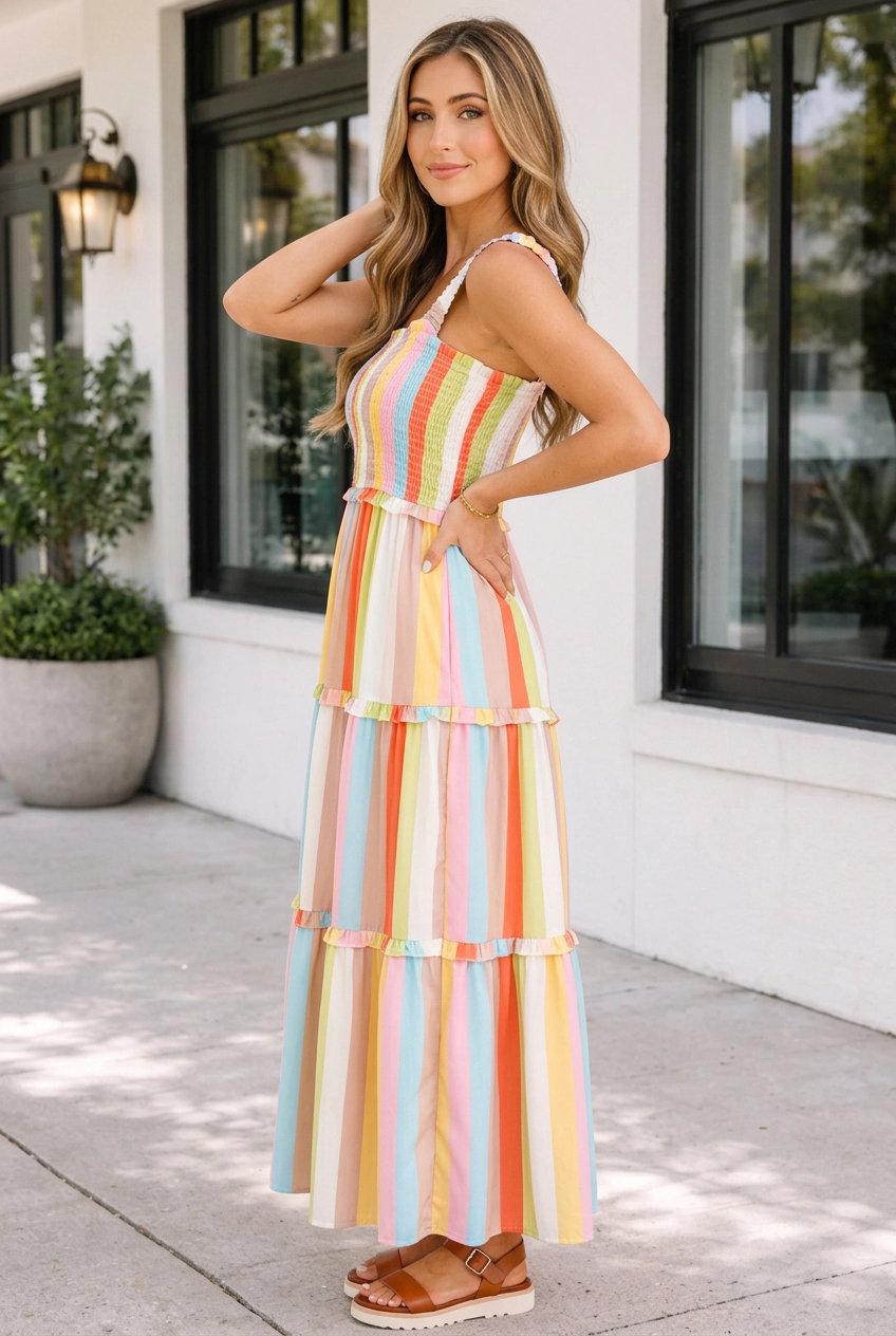 Threaded Pear Womens Gabbi Tiered Maxi Dress - Green, Smocked Bodice, Ruffle Tiers